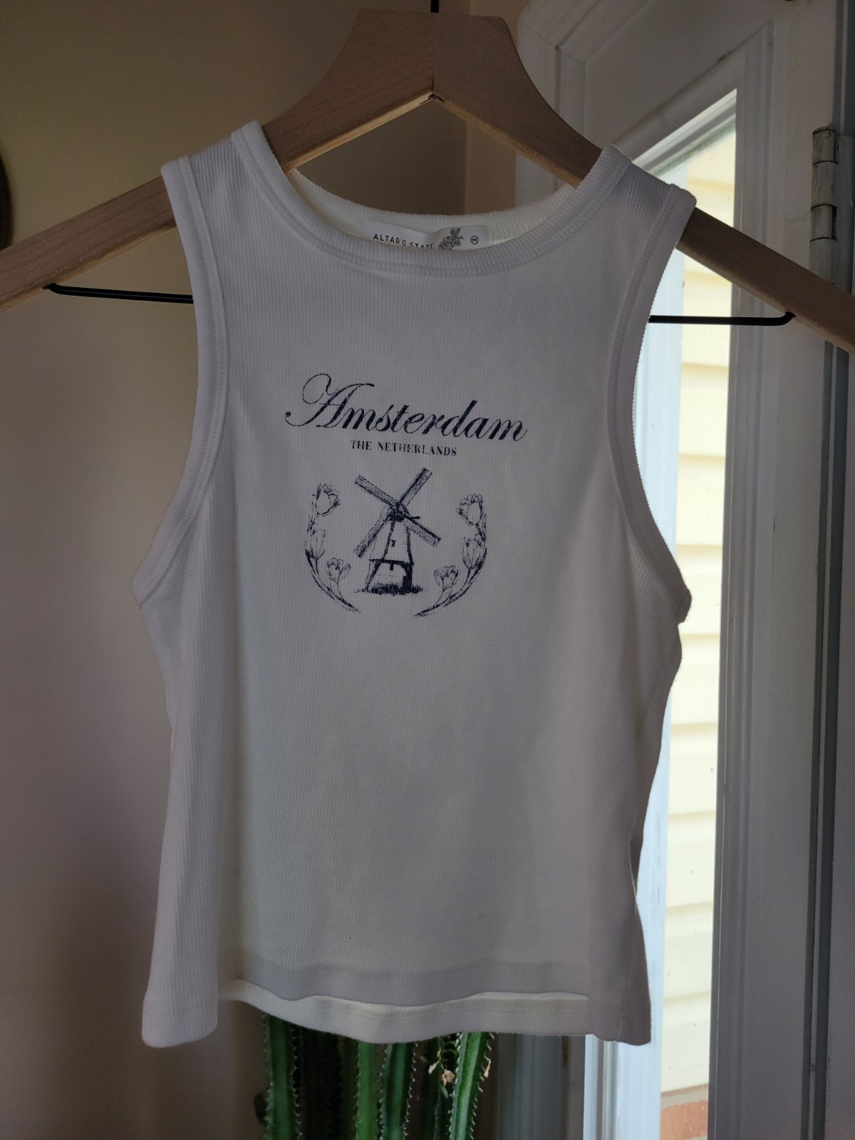 Altar’d State Ribbed “Amsterdam” Printed White Baby Tank, Size Womens Medium