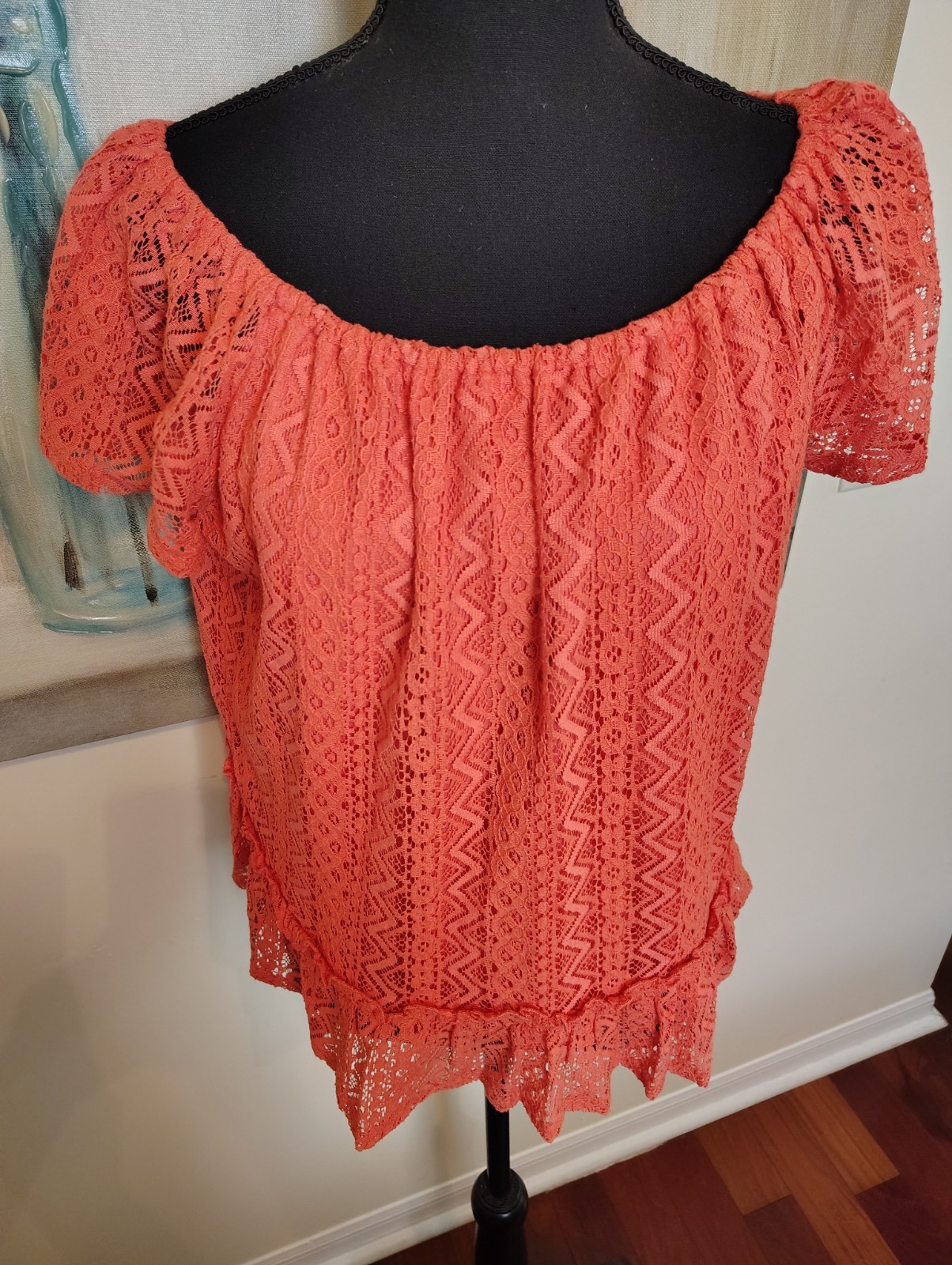 BELLE DU JOUR PEASANT OFF SHOULDER CORAL TOP SHORT SLEEVE LACE LAYERED SZ XL