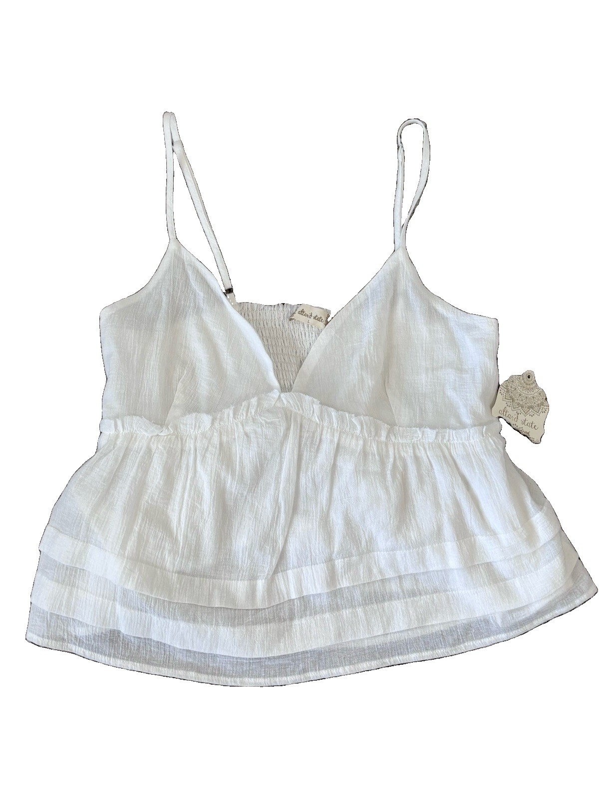 Altar’d State White V Neck Camisole Top Smocked Back Strap Ruffle Gauzy Large