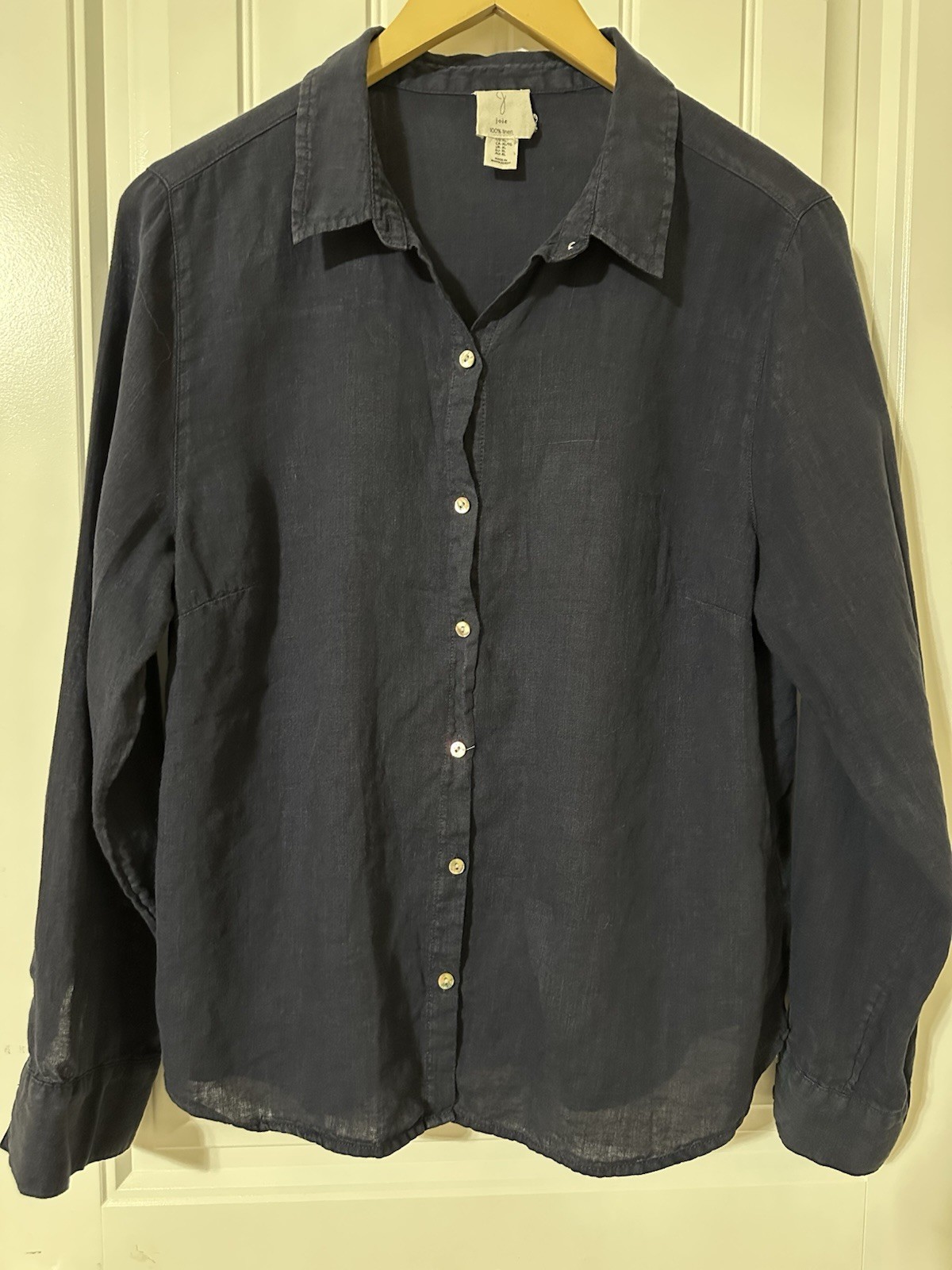 Joie Women’s Top XL 100% Line Silk Blouse Blue Navy Quiet Luxury Timeless French