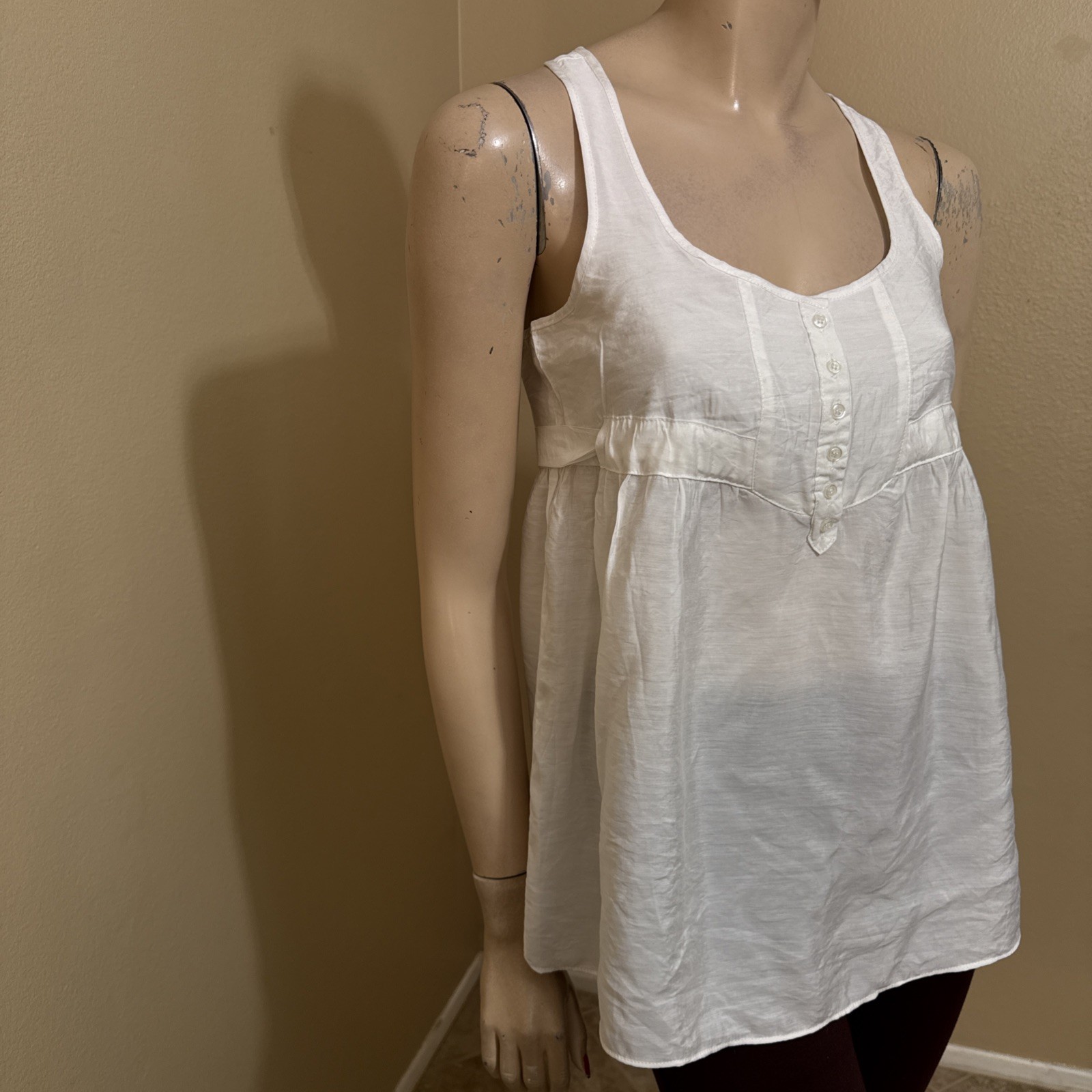 Women’s White Rayon Casual Summer Open Sheer Button Tied Size M Blouse Top Tunic