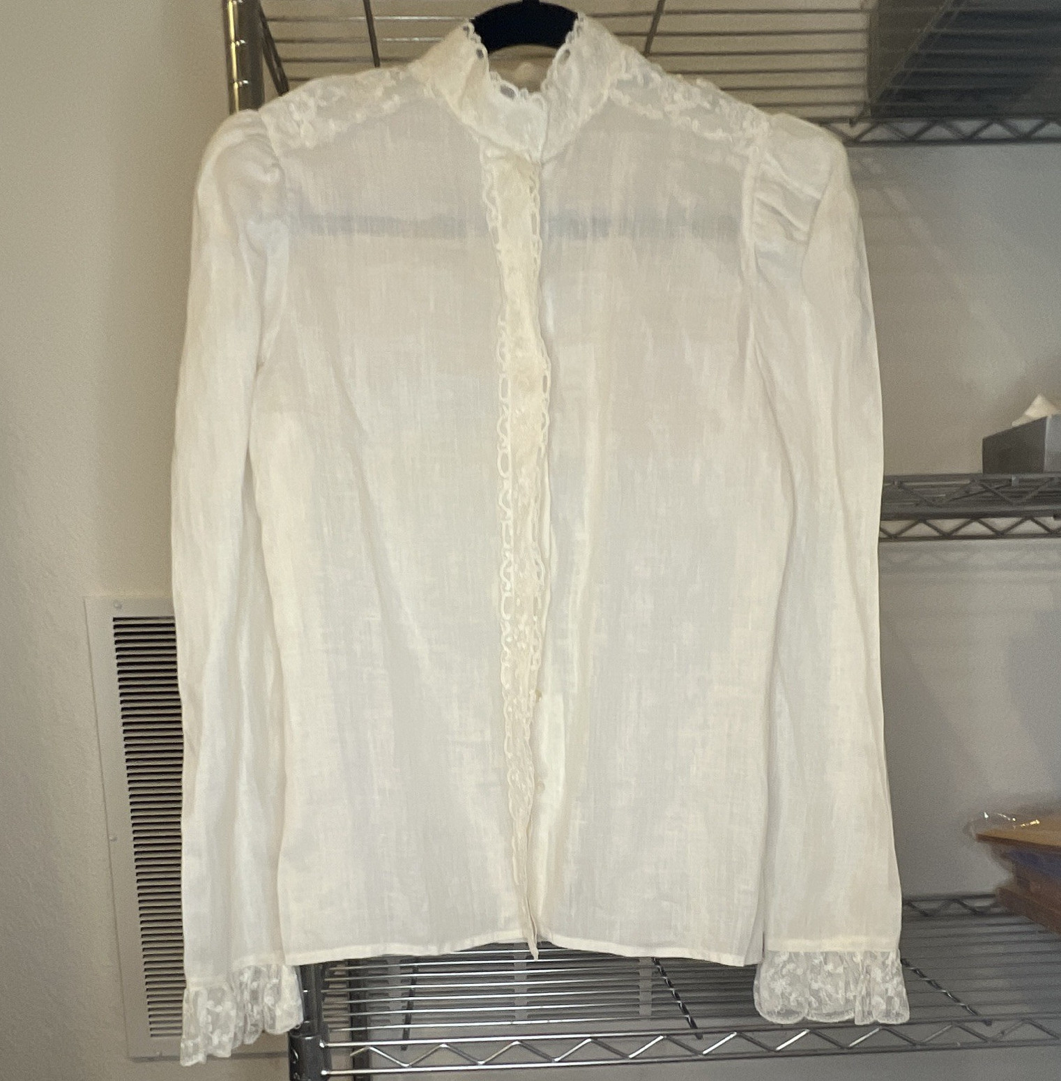 Vintage 70s Edwardian Revival Gauze Lace Blouse Cottagecore Prairie Cream M/L