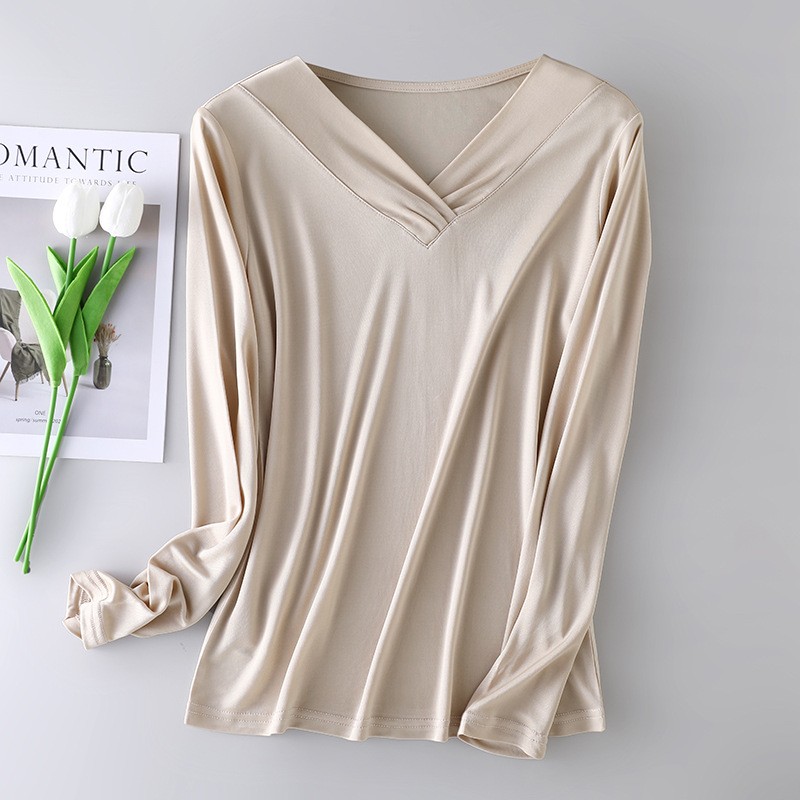 Women V Neck Mulberry Silk Top Long Sleeve Knited Silk T-Shirt Pullover Blouse