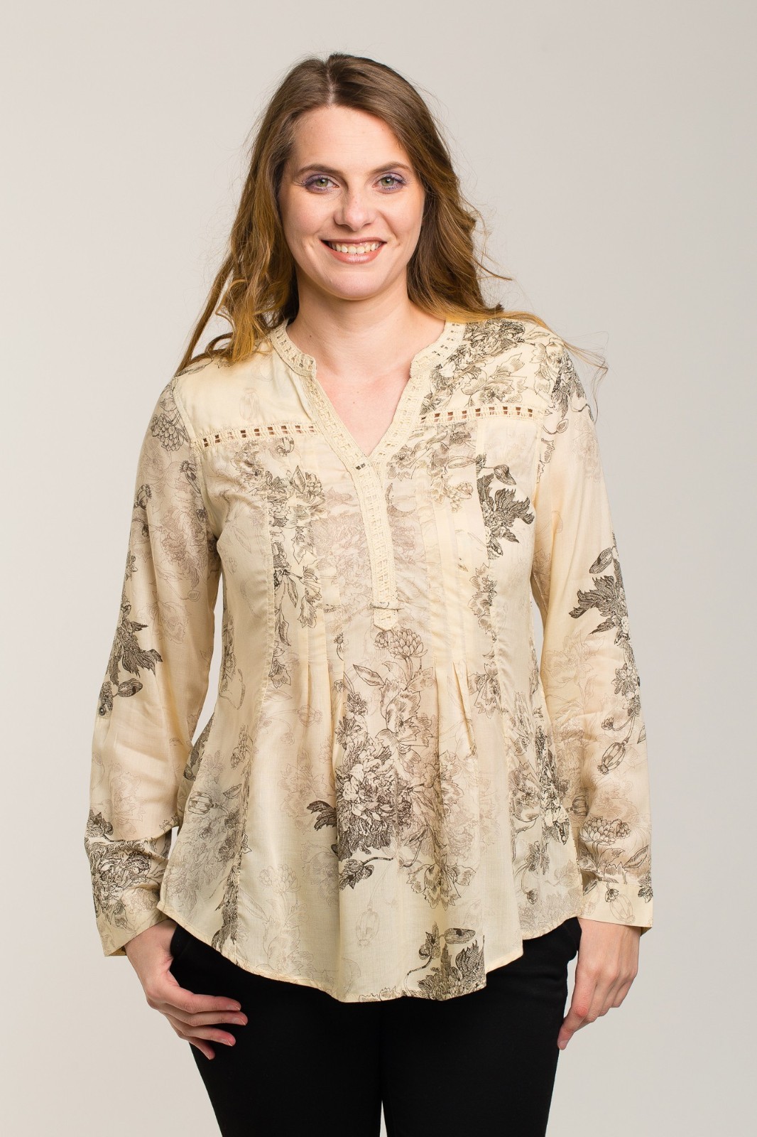 Vintage America Blues XXL Cream Gray Floral Boho Tunic Top Crochet Lace Pleated