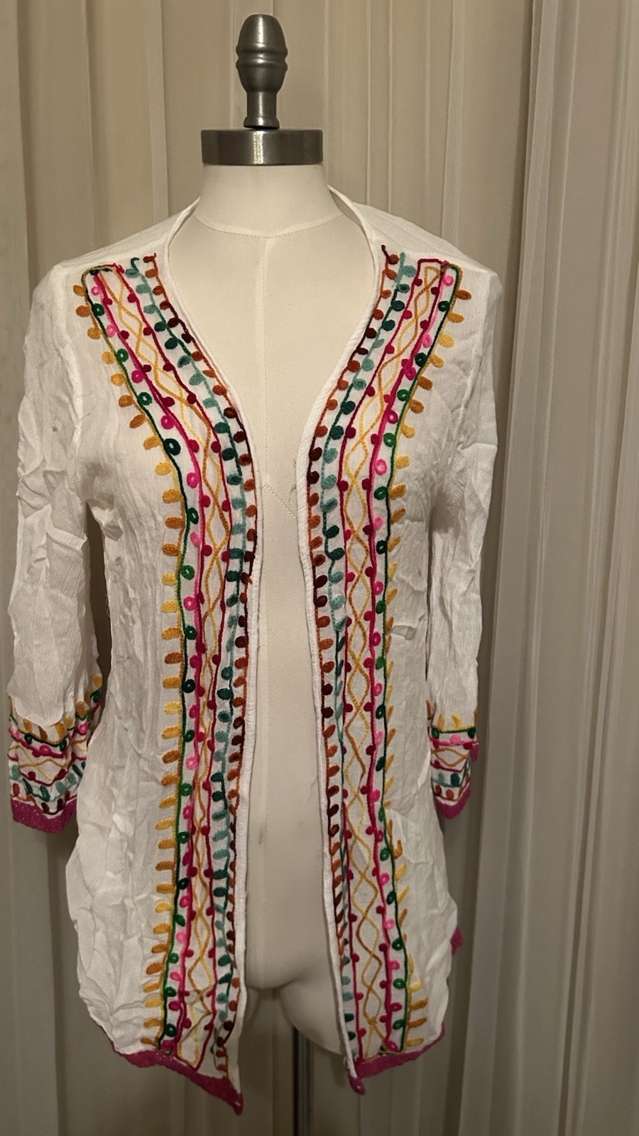 Cute Options White Multicolor Embroidered Open Tunic 3/4 Sleeve XL Rayon