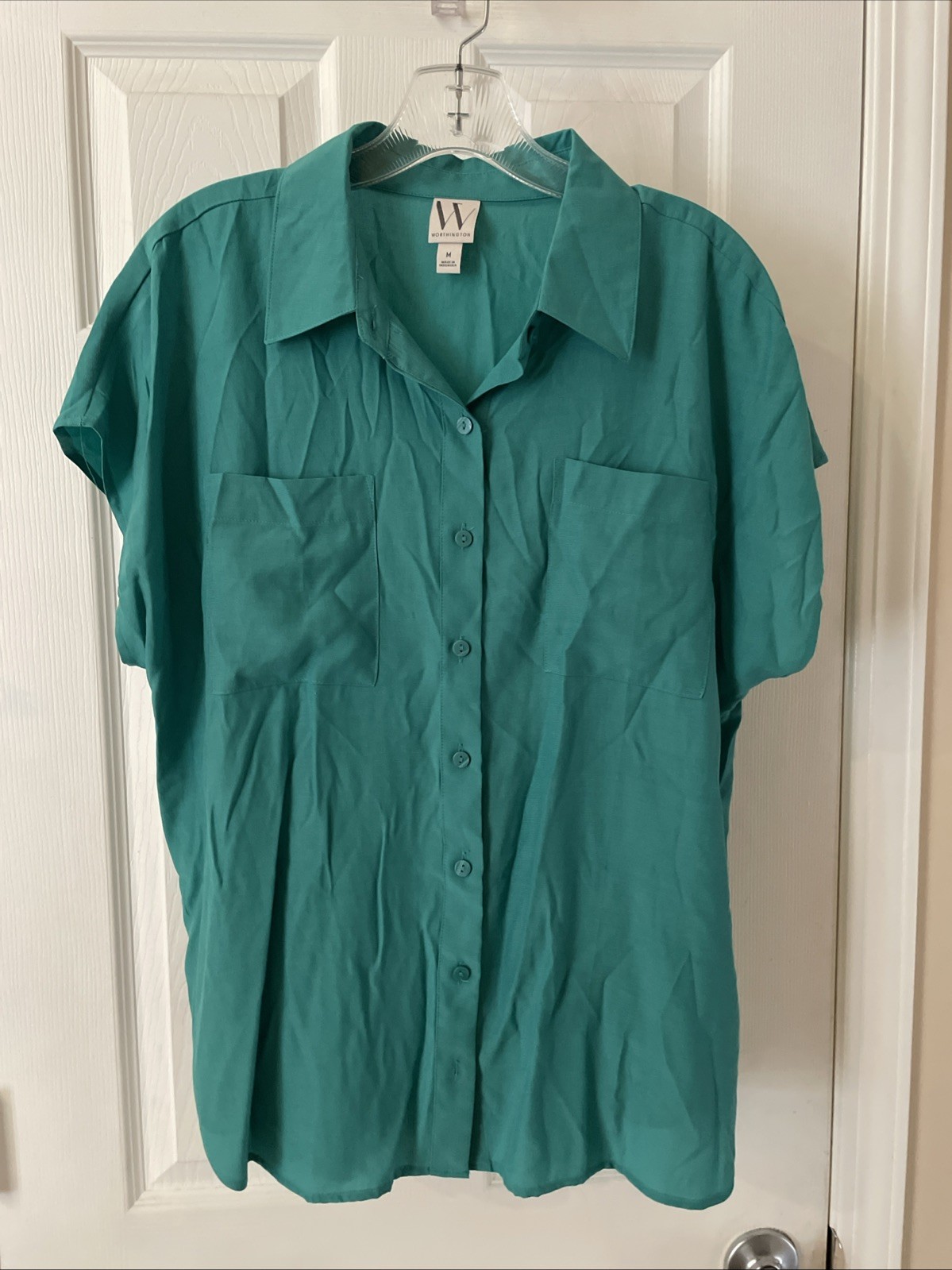 Worthington Women Beautiful gorgeous Blue Button Blouse Collared Top Sz M