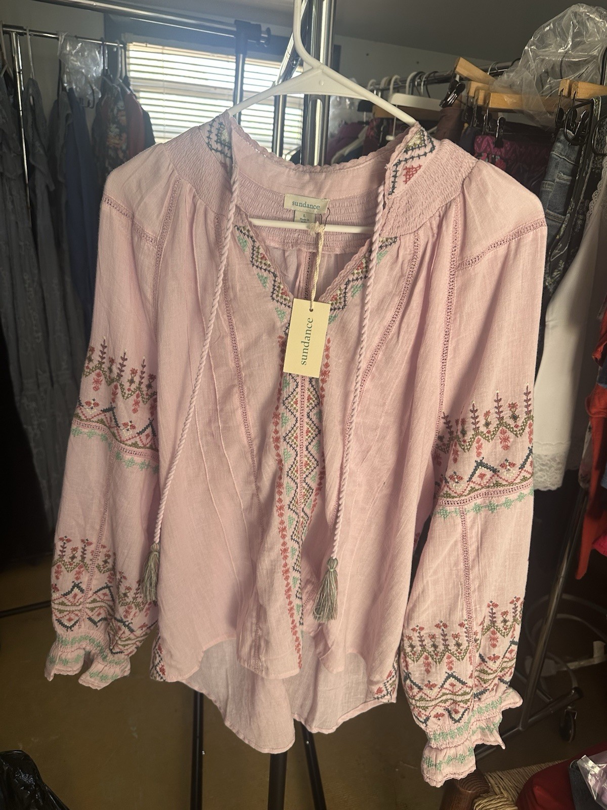 Sundance Totora Top Large Mauve Embroidered Cotton Blouse Boho