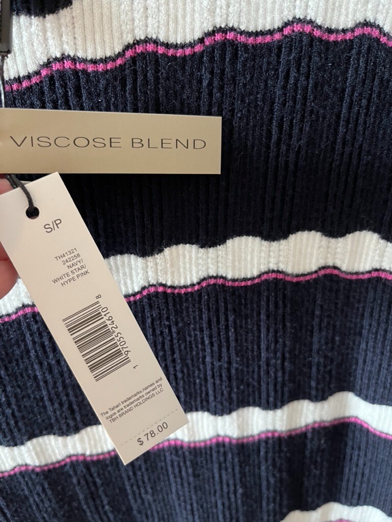 New with Tag! Tahari Knit Woven Navy Pink White Stripes Short Sleeve Viscose Top