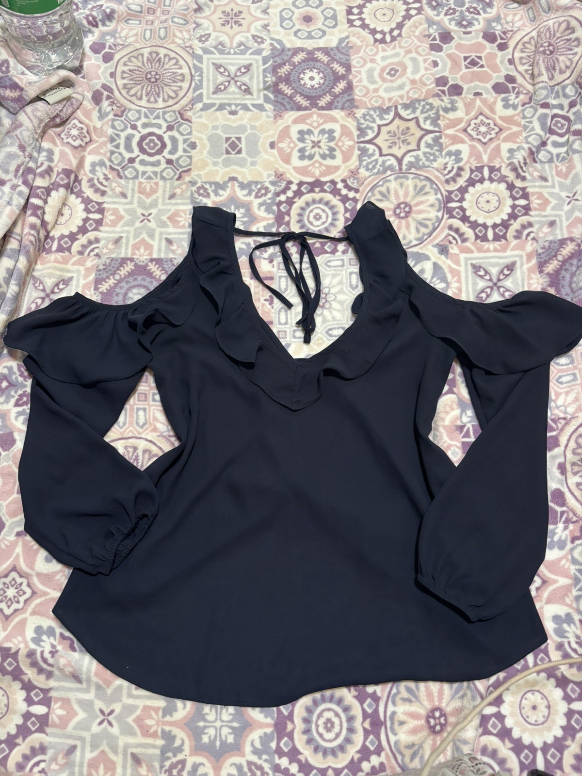 Womens Navy Blue Cold Shoulder Ruffled Boho Sheer Blouse Size Small