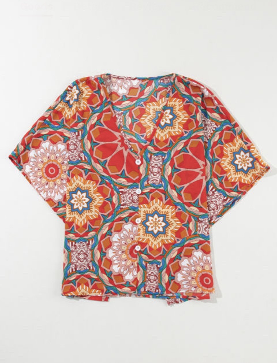 Boho Red Floral V Neck Short Sleeve Batwing Blouse