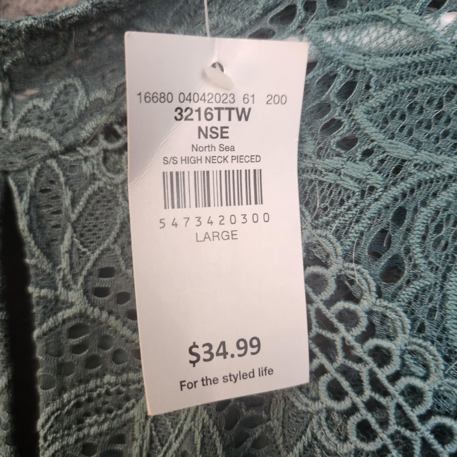 Daytrip Shirt Womens Large Teal High Neck Lace Keyhole Short Sleeve 3216TTW