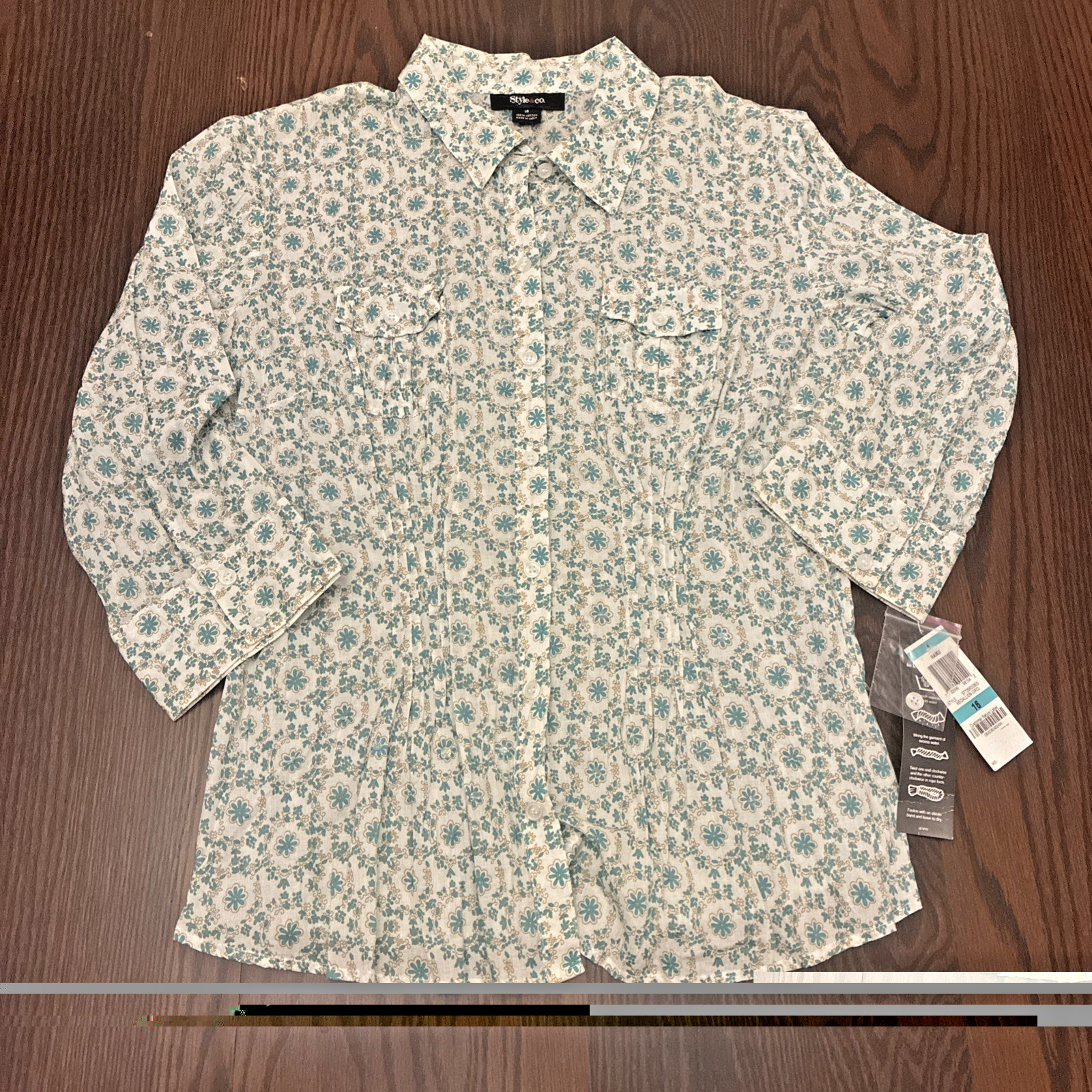 Style &co White/green/Floral Button Down Short – Sz 16 – 3/4 Sleeves Pocket NWT