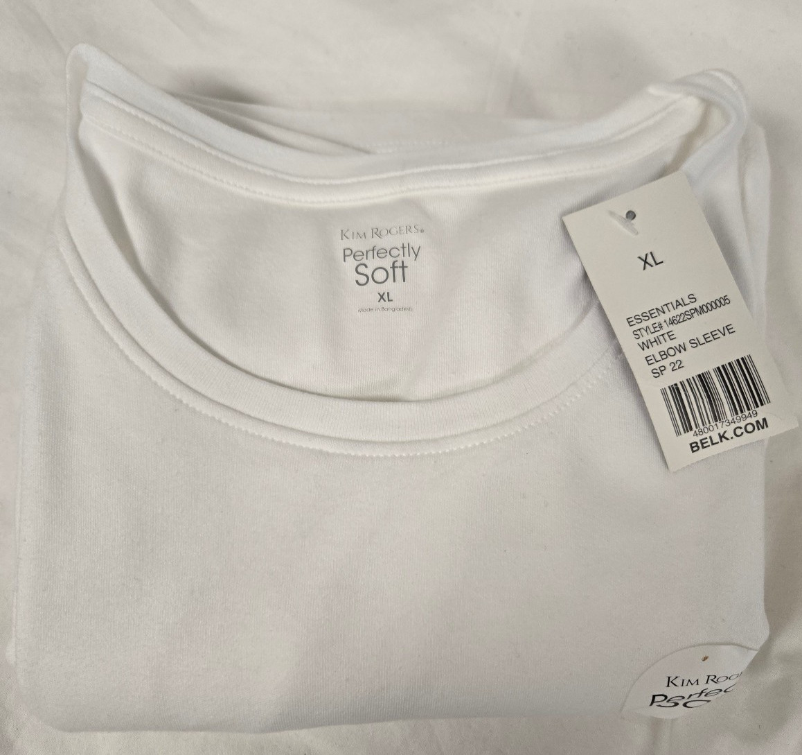 Kim Rogers white, elbow length sleeve, Perfectly Soft T-shirt, XL, New with tags