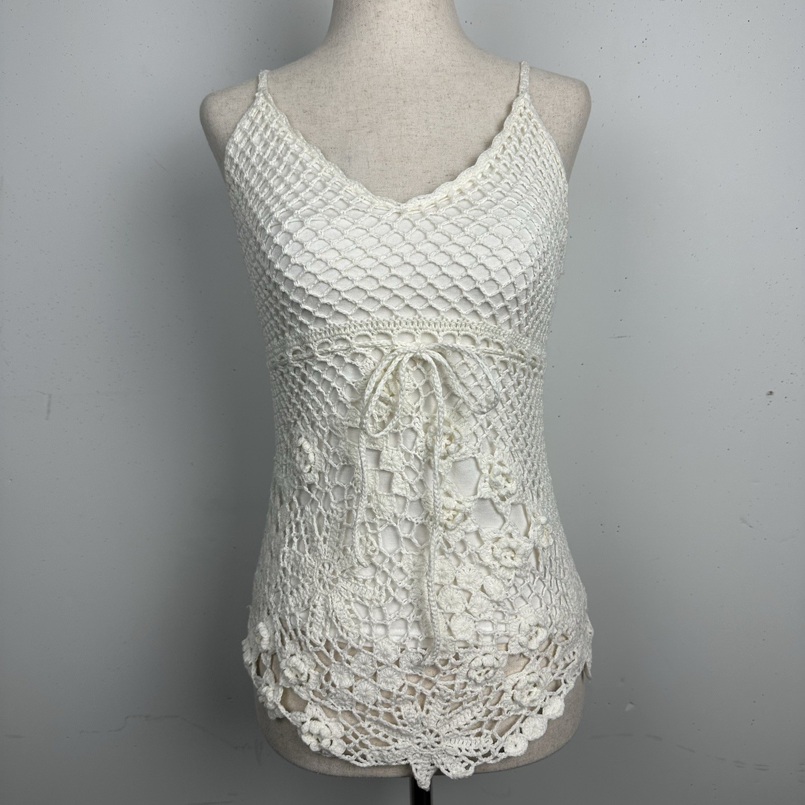 Babydoll Crochet Tank Top Cami White Boho Y2K Festival Fairy Cottage Whimsy S