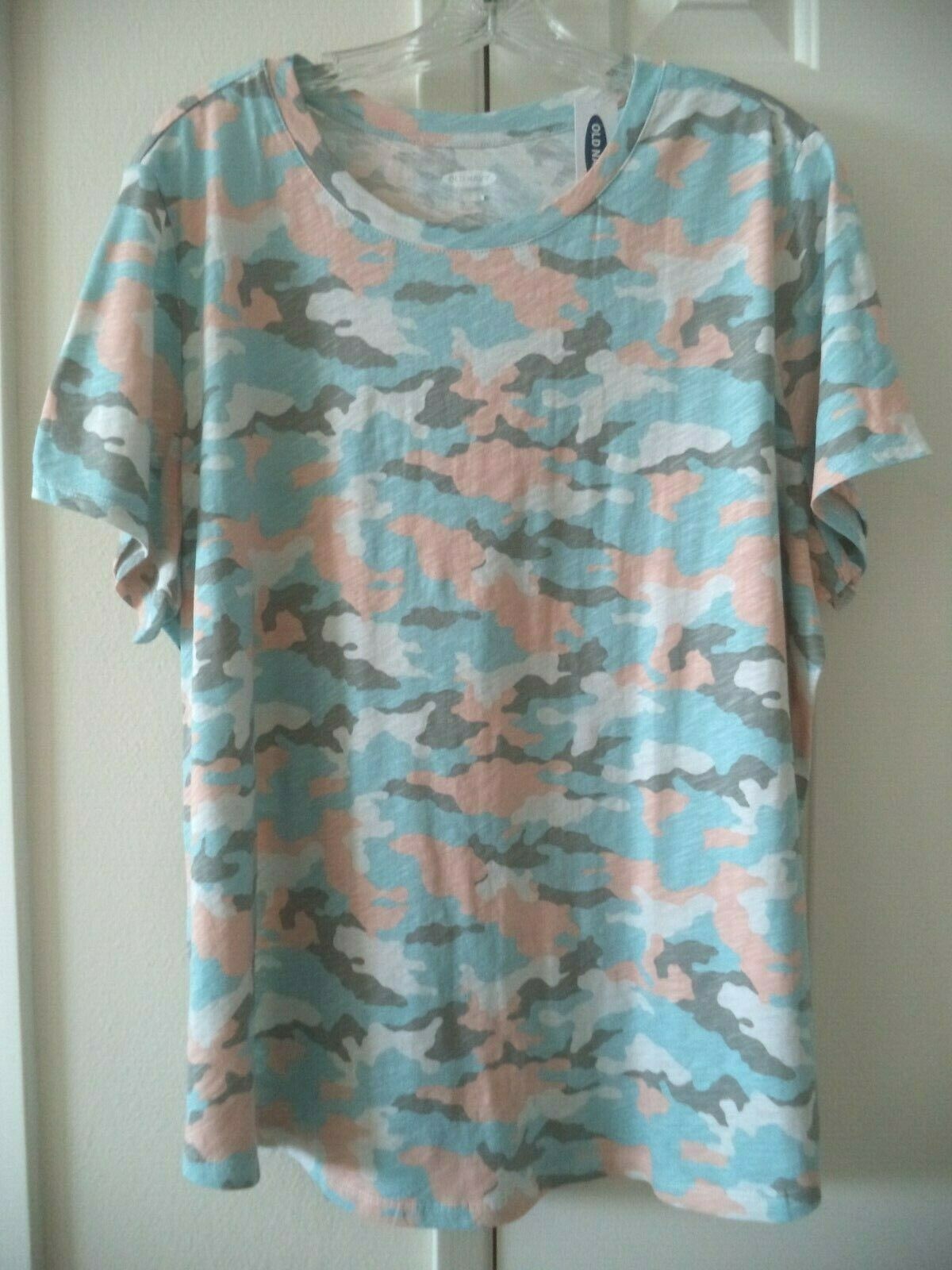 Old Navy Lt Teal Aqua Peach Camouflage Scoop Neck T-shirt L Petitie M L XL Reg