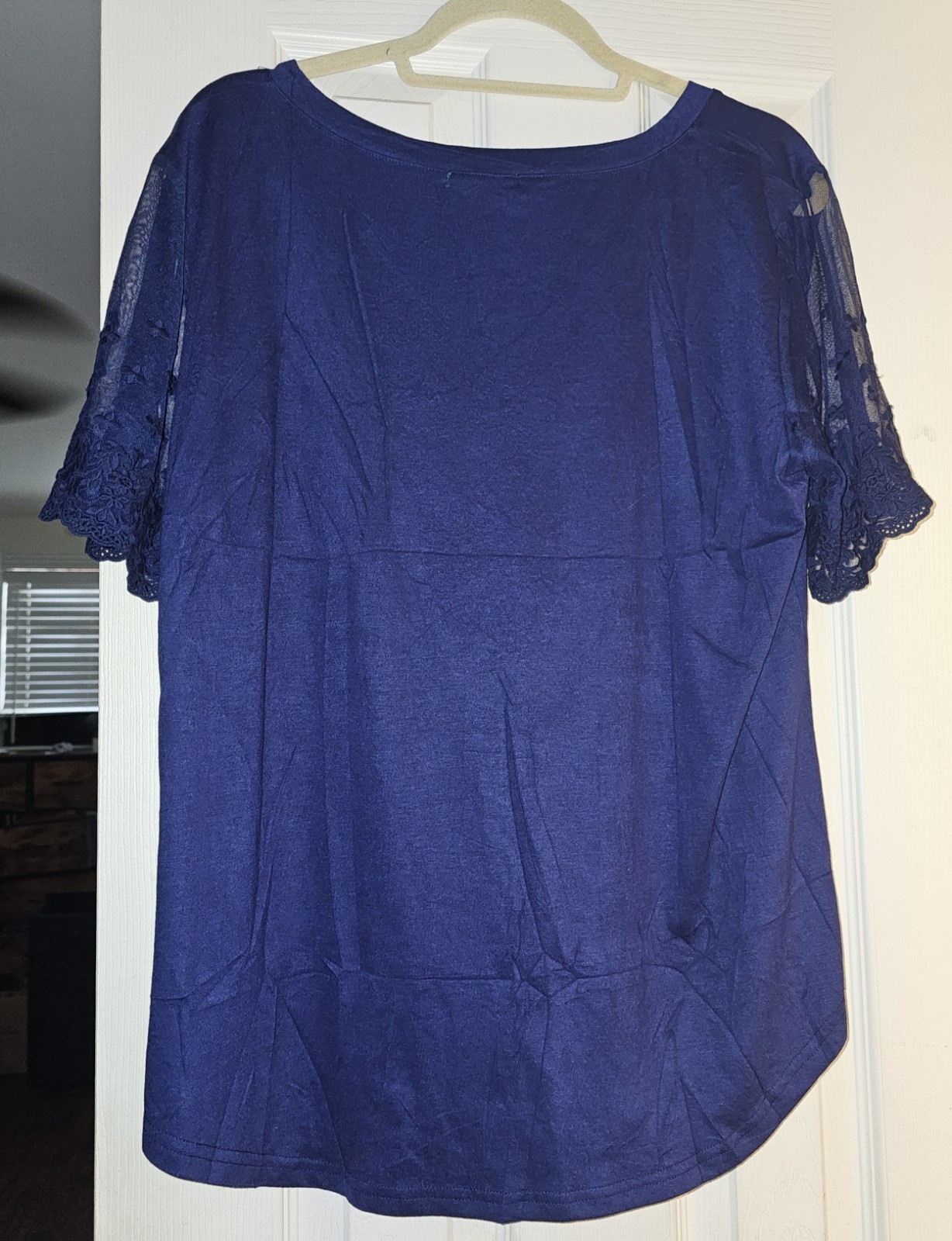 OfeeFan Women’s Blue Solid Round Neck Lace Short Sleeve Pullover Blouse XL