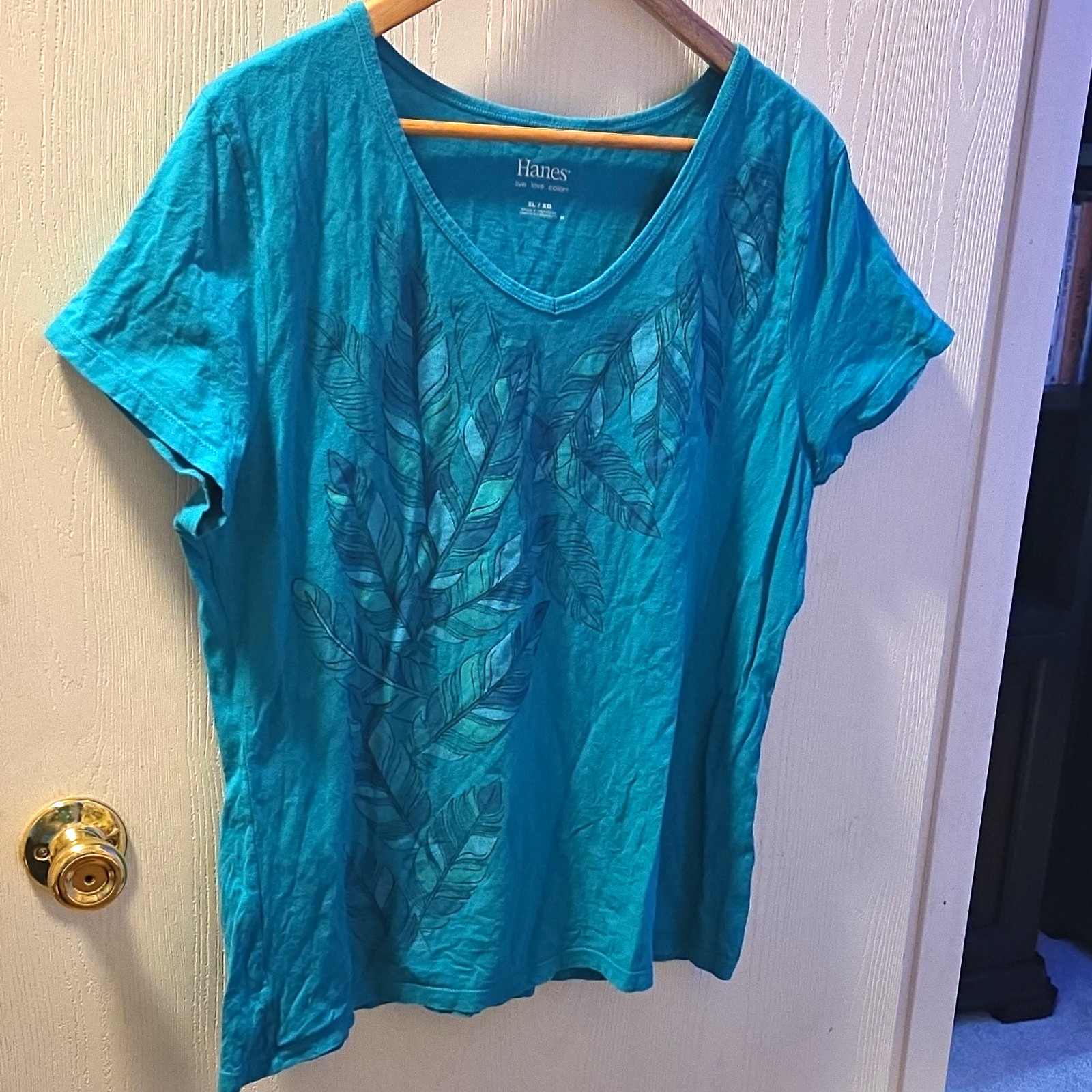 Hanes Women’s Blue V-Neck Short Sleeve Graphic Print Cotton Knit T-Shirt XL