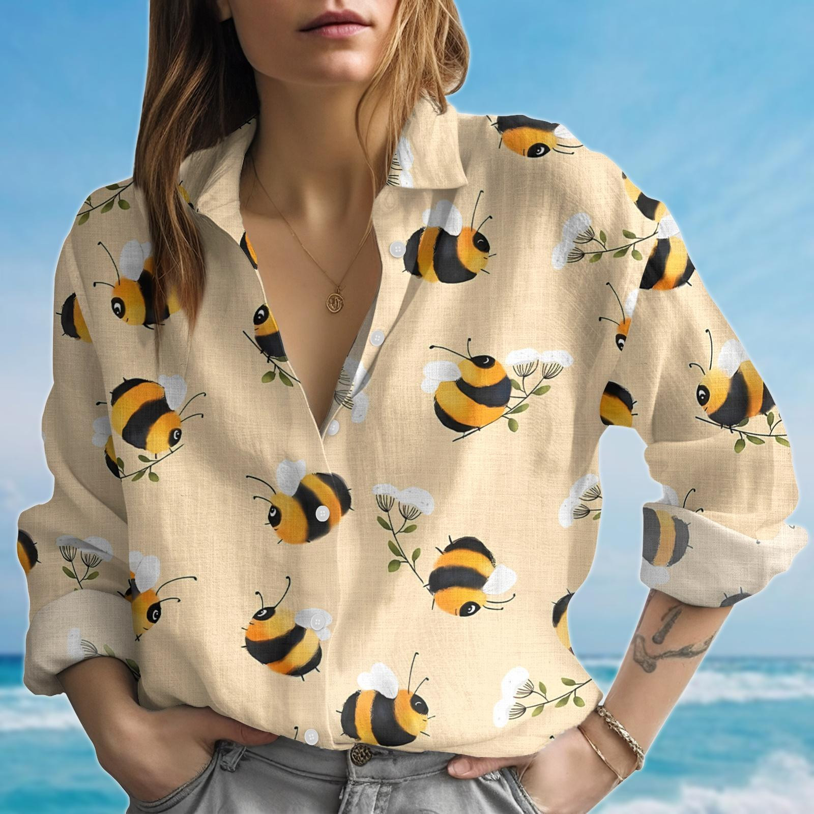 Cute Bee Blouse Shirt Floral Bee Summer Shirt Nature Lover Shirt