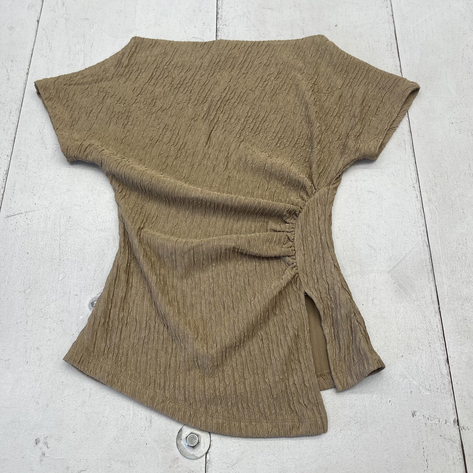 IRIS Blouse Womens Small Brown Boat Neck Short Dolman Sleeve Ruched Top