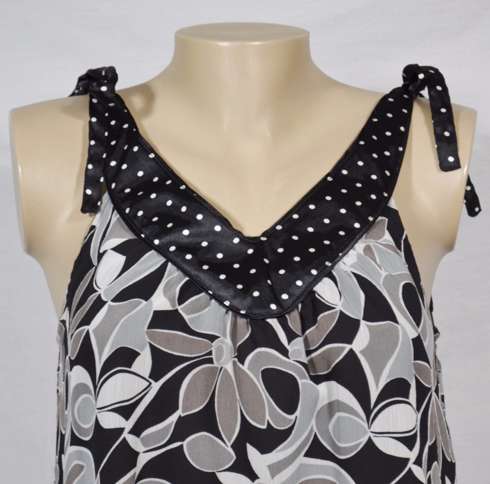 MIXIT Black Gray Patterned Sleeveless Top Small Polka Dot Neckline Tied Shoulder