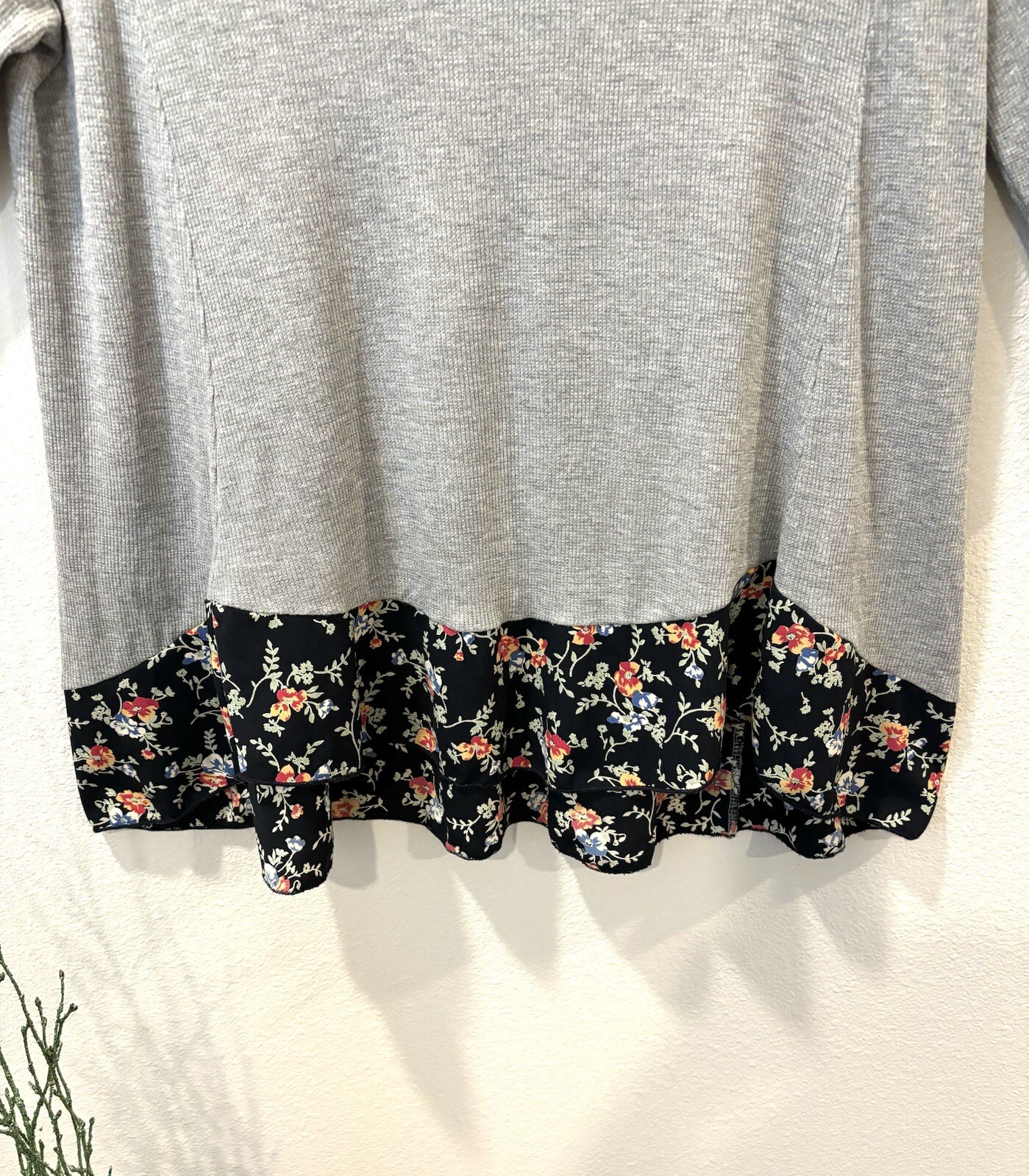 ODDI WAFFLE KNIT RIBBED TOP 1X/2X FLORAL HEM LO/HI WHIMSIGOTH COQUETTE ROMANTIC