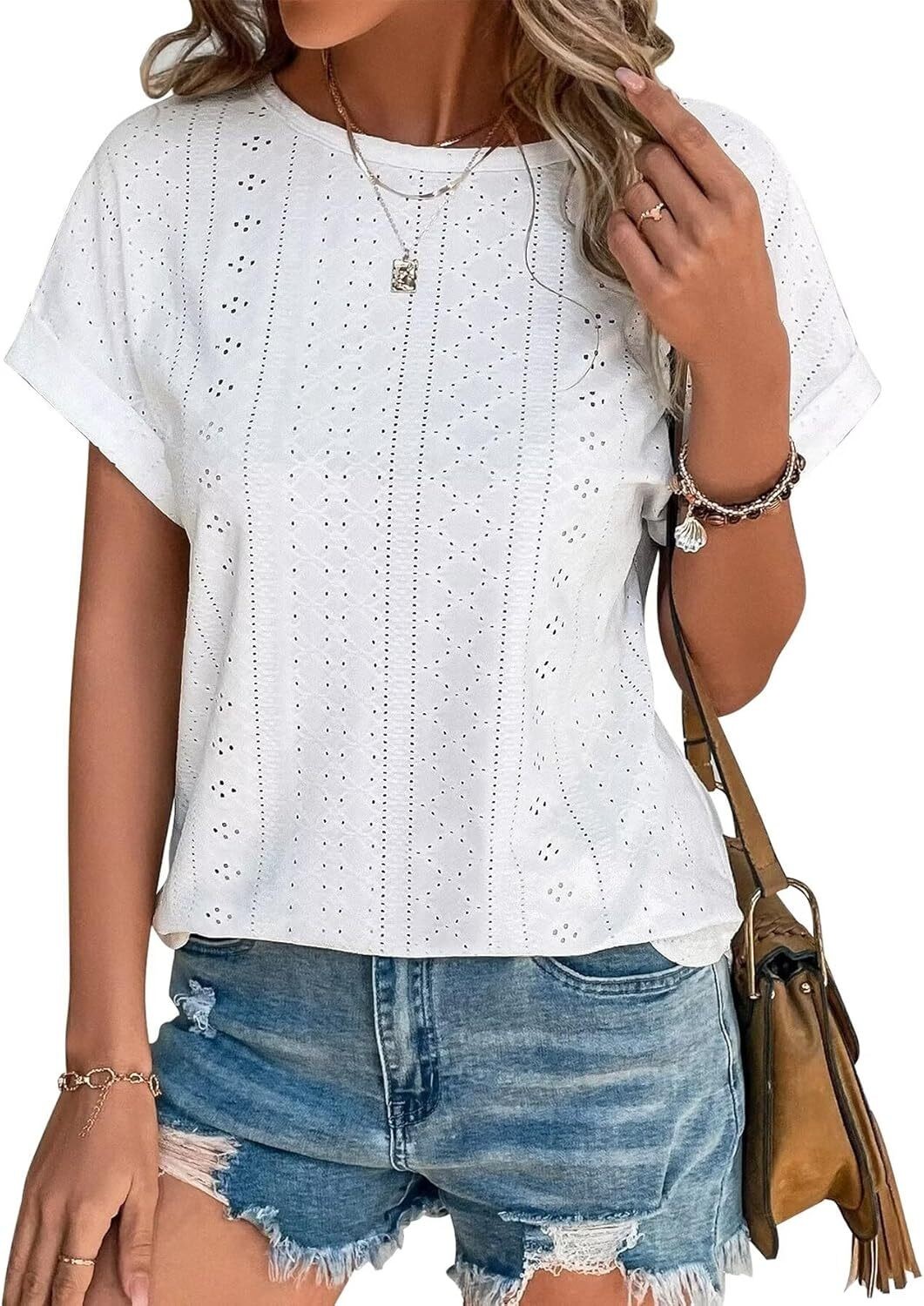 Womens Eyelet Embroidery Top Short Sleeve Curved Hem Loose Fit Summer T Shirt