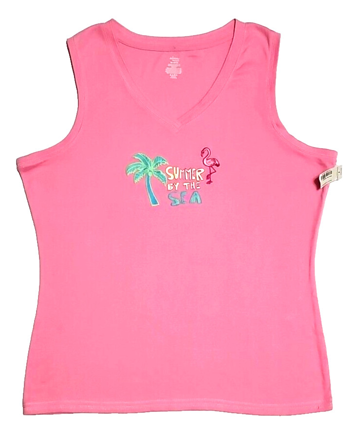 NWT Vtg. Adonna 1X (16-18) Summer By The Sea Pink Women’s Top Flamingo Palm Tree