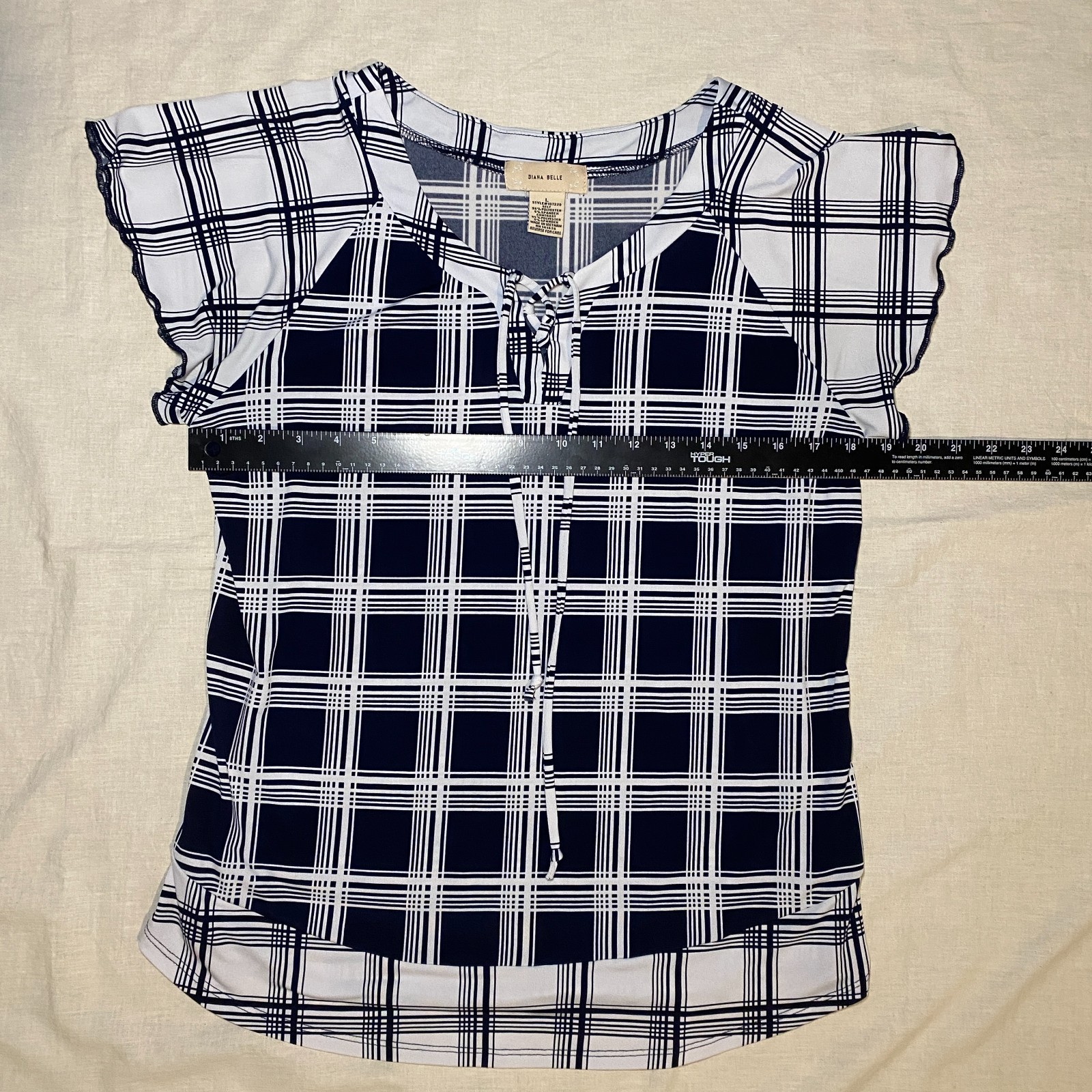 Diana Belle Black White Plaid Womens L Tie Neck Short Flutter Sleeve Blouse EUC