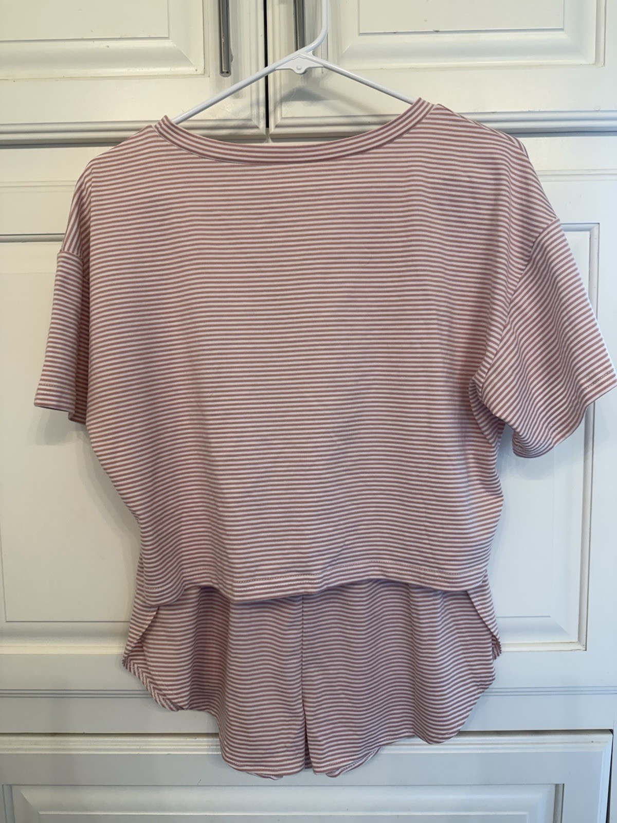 Women’s Cropped Pink/White Striped Knit Short Sleeve Pajama Set