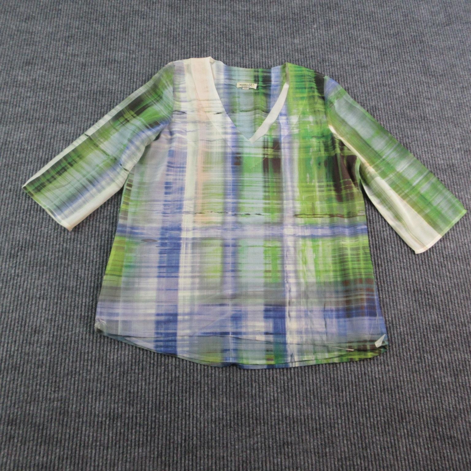 One World Tunic Blouse Womens S Green Plaid V-Neck 3/4 Sleeve Lined Lightweight