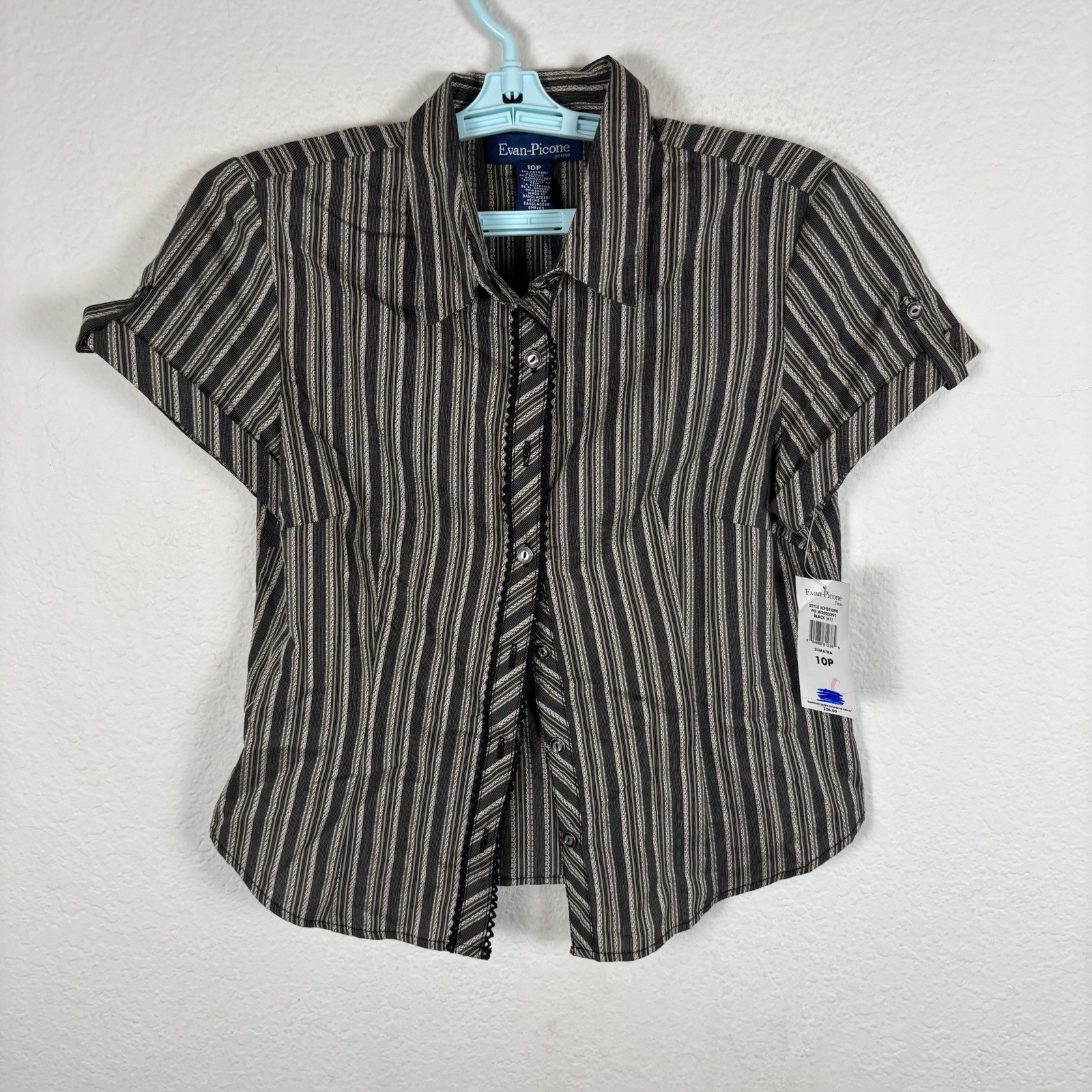Evan Picone Womens Button Up Shirt Sz 10P Short Sleeve Striped New With Tags $36