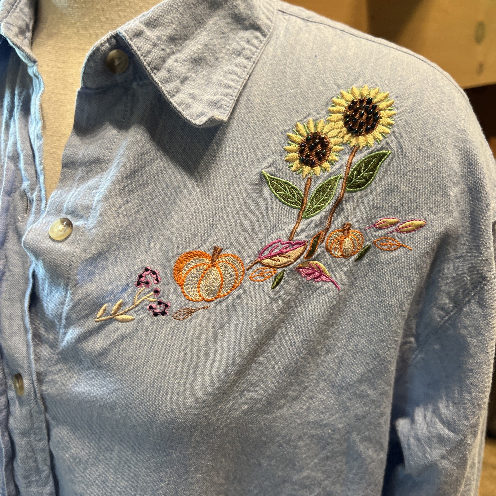 Autum Pumpkin Sunflower Chambray Shirt Xl