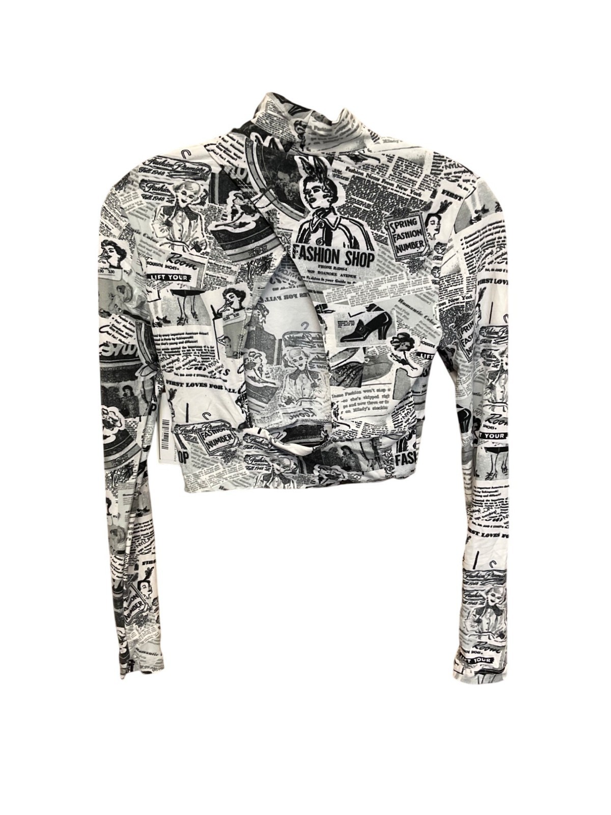 No Comment NY/LA Black & White Newspaper Print Long Sleeve Cropped Top S