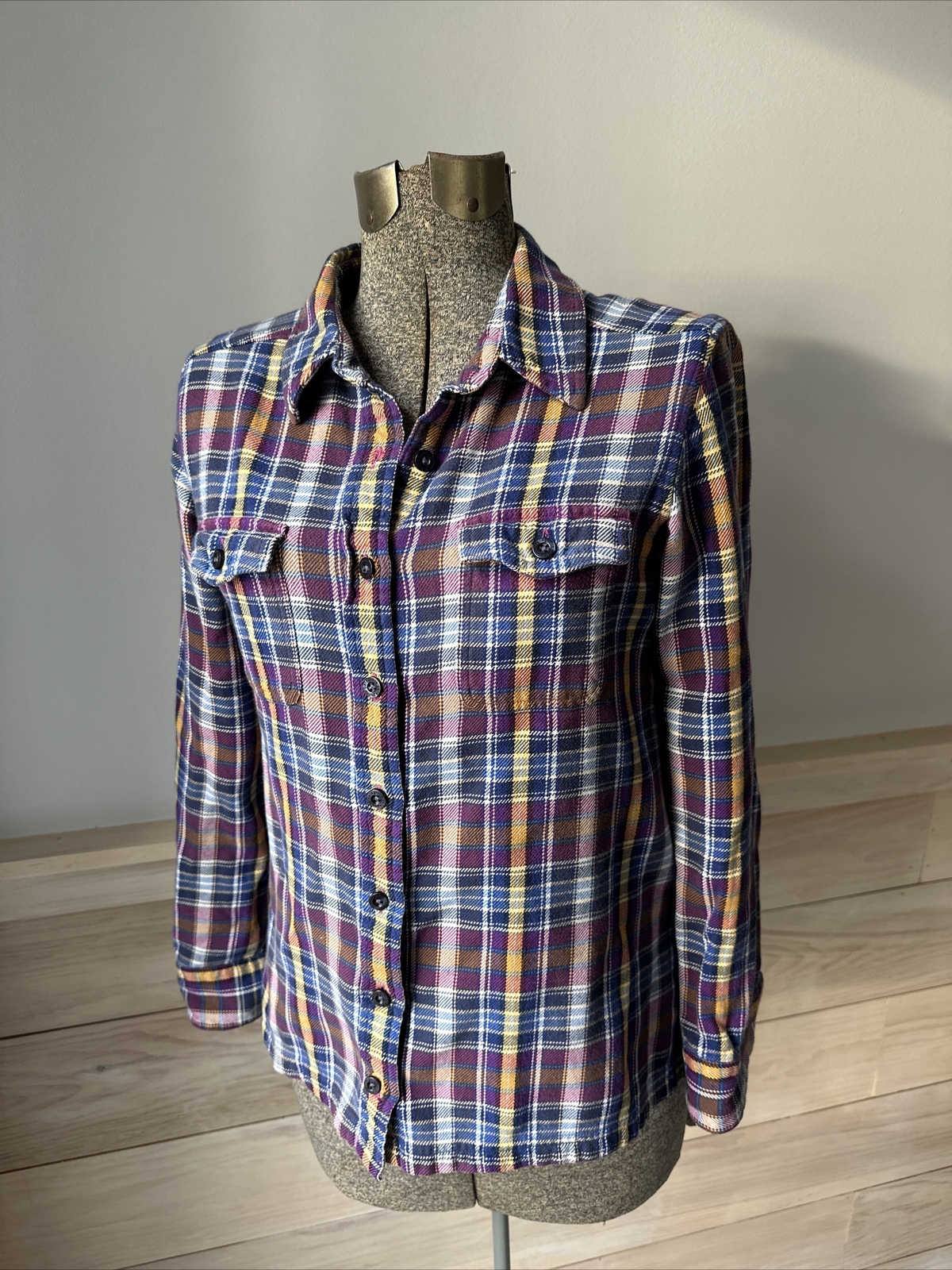 Patagonia Long Sleeve Plaid Shirt Gray Purple Blue Yellow Organic Cotton Size 4