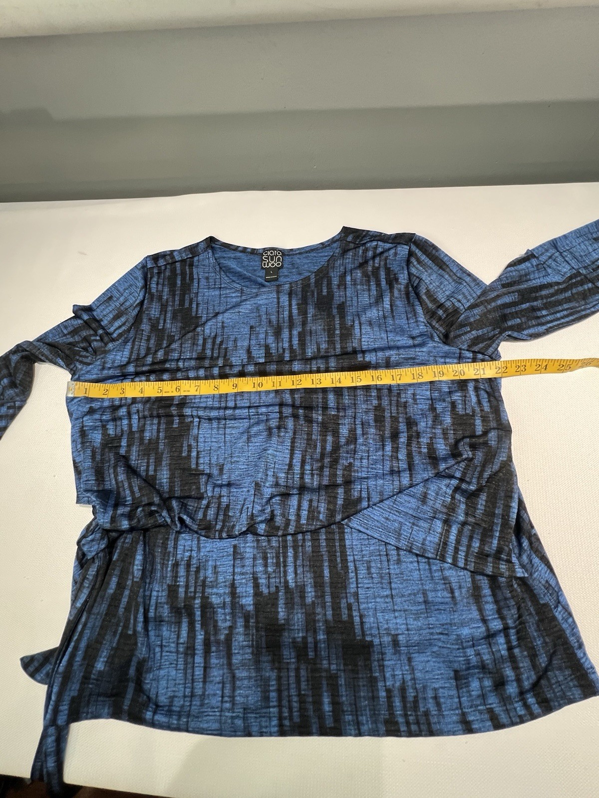 Clara Sun Woo Water Ripple Crinkle Pleat Blouson Overlay Top Sz L Side Tie Blue
