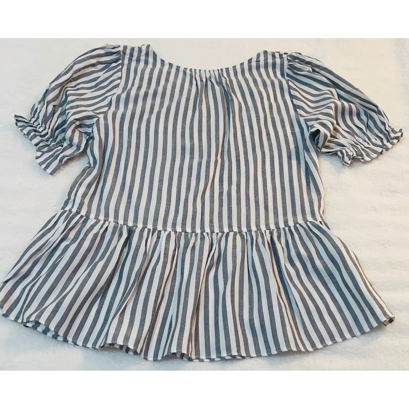 Kori America Grey White Striped Peplum Blouse Short Puff Sleeve Top Small