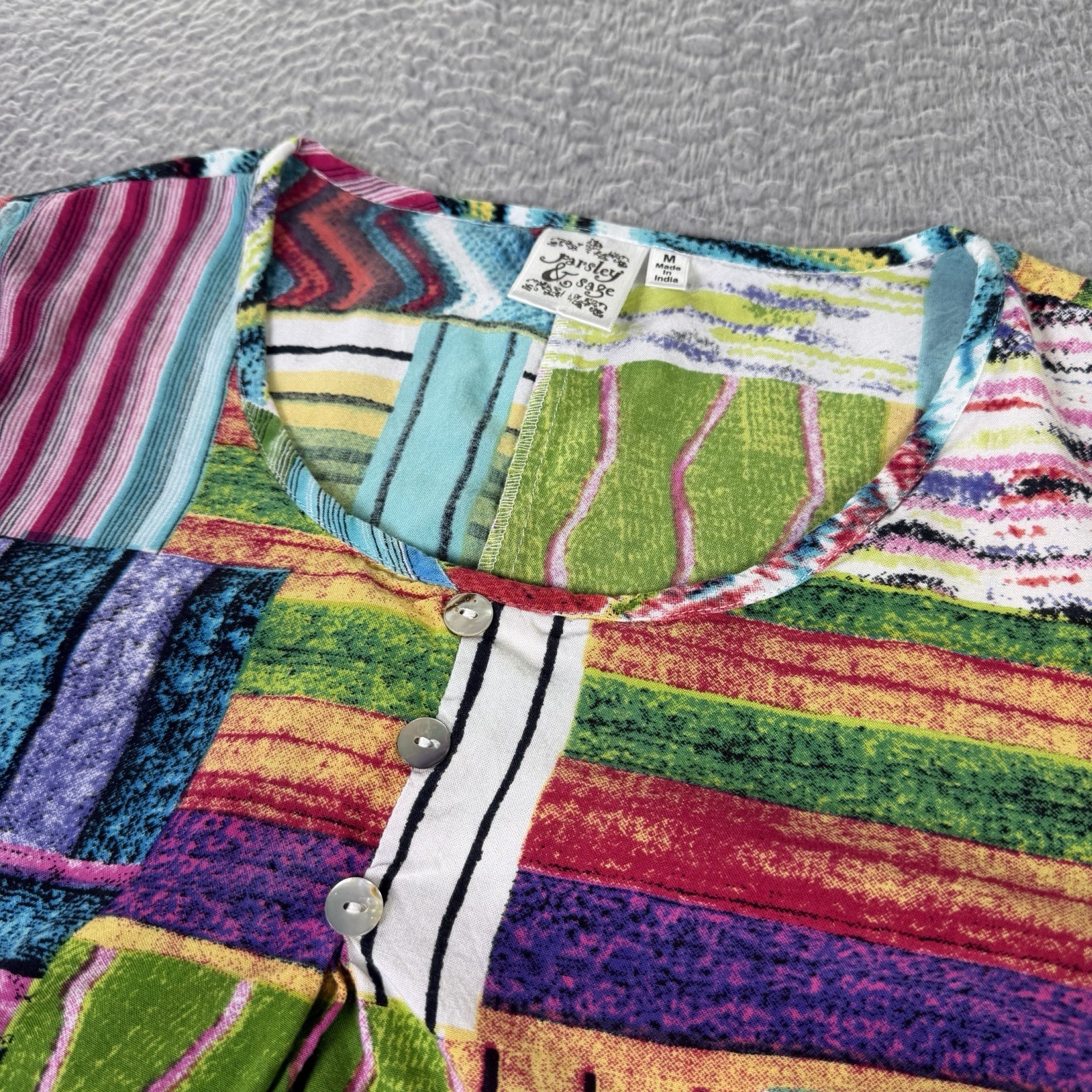 Parsley and Sage Top Womens Medium Multicolor Striped Patchwork 3/4 Sleeve Boho