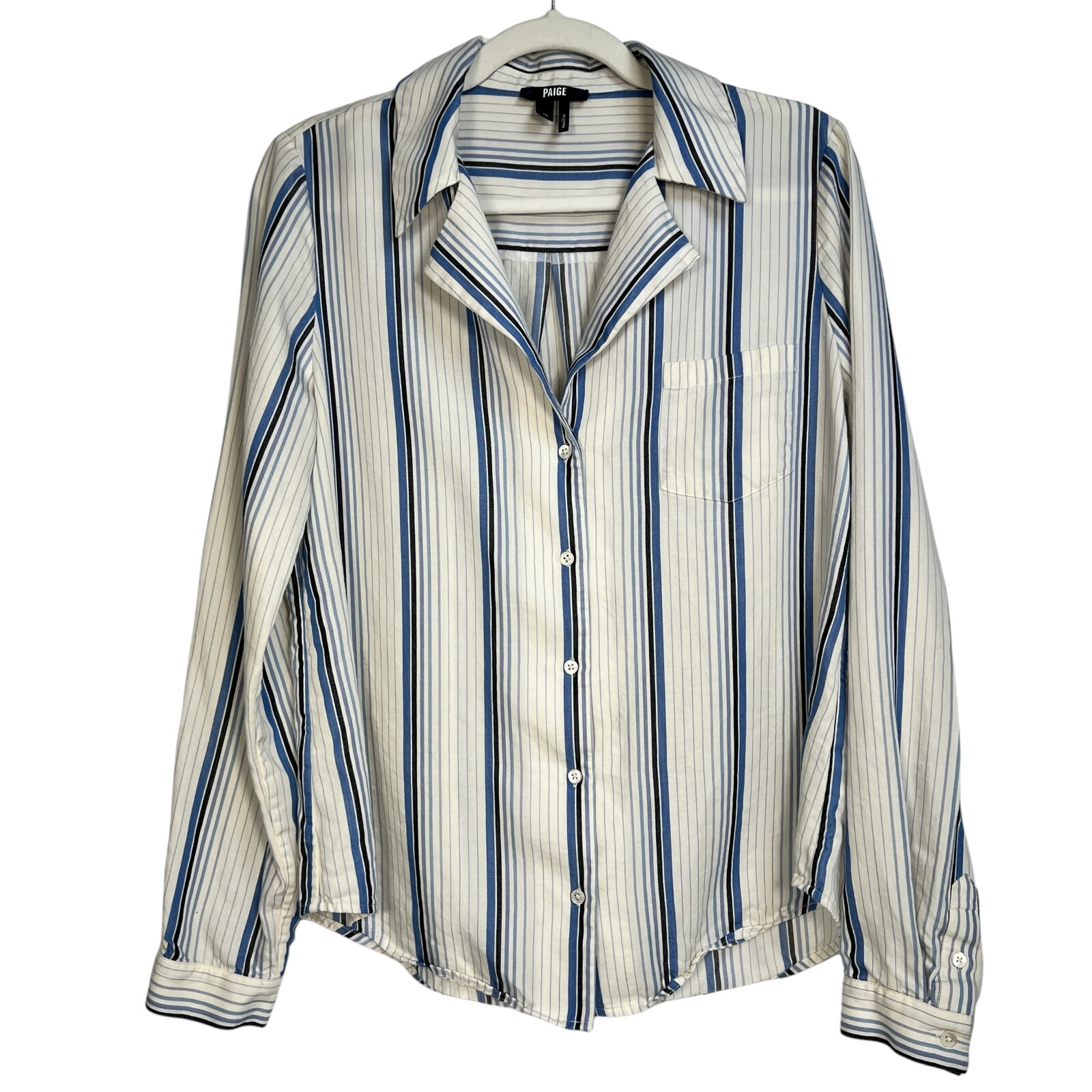 Paige Womens White Dream Blue Striped Notch Lapel Collar Button Up Shirt Size M