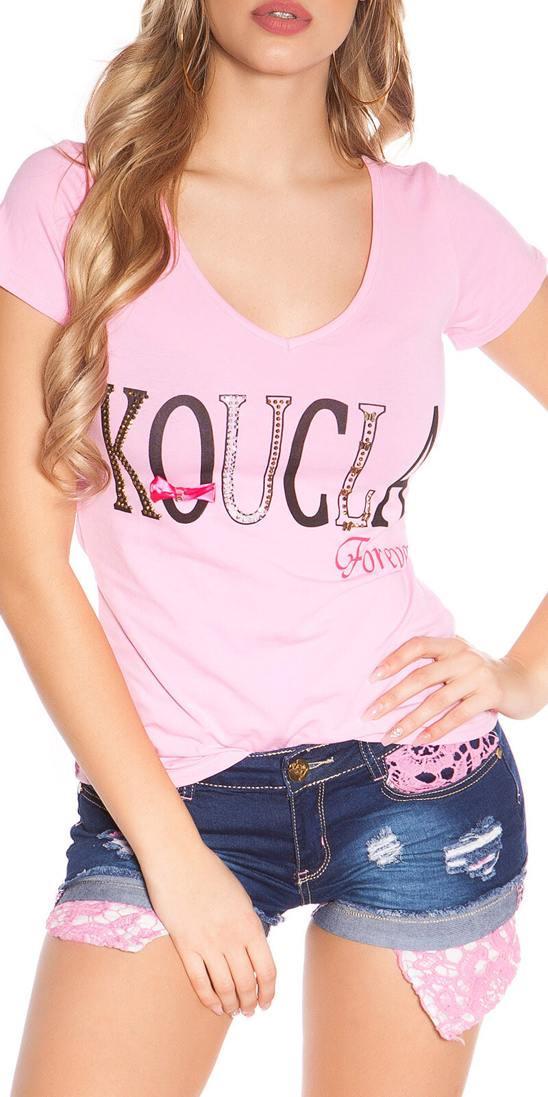 Koucla Rhinestone T-Shirt Back Lace Bow V Neck Short Sleeve L059