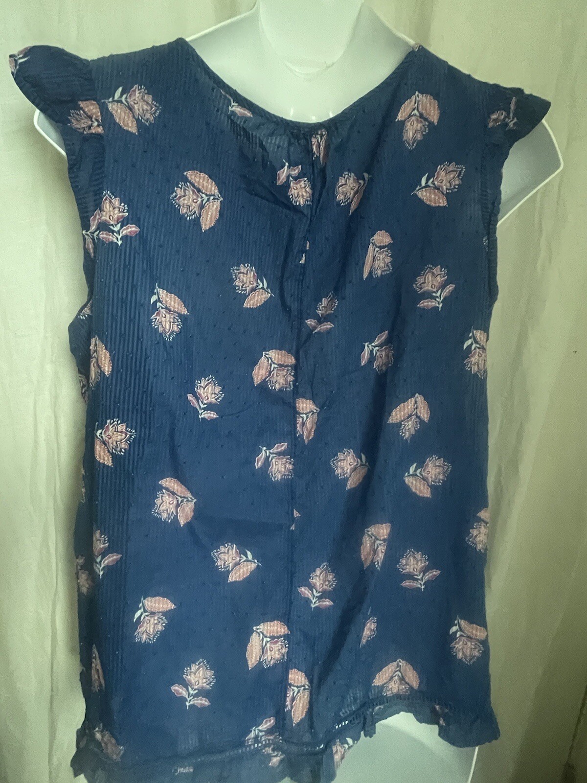 JOE FRESH Blouse Blue Pink Floral Gaze Sleeveless Ruffle Tie Neck Pullover 2X