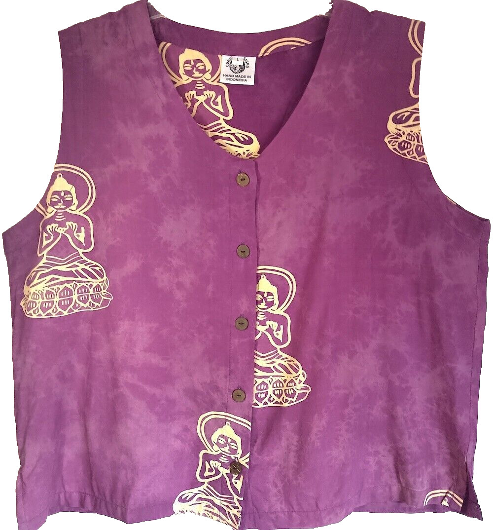 Button Blouse, Rayon, Sleeveless, Batik, Buddha, Hand Made, XLarge, Light Purple