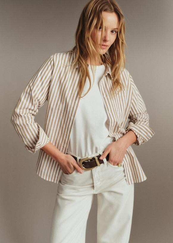 Sezane tomboy shirt ecru-camel stripe size 36 (4) linen-cotton