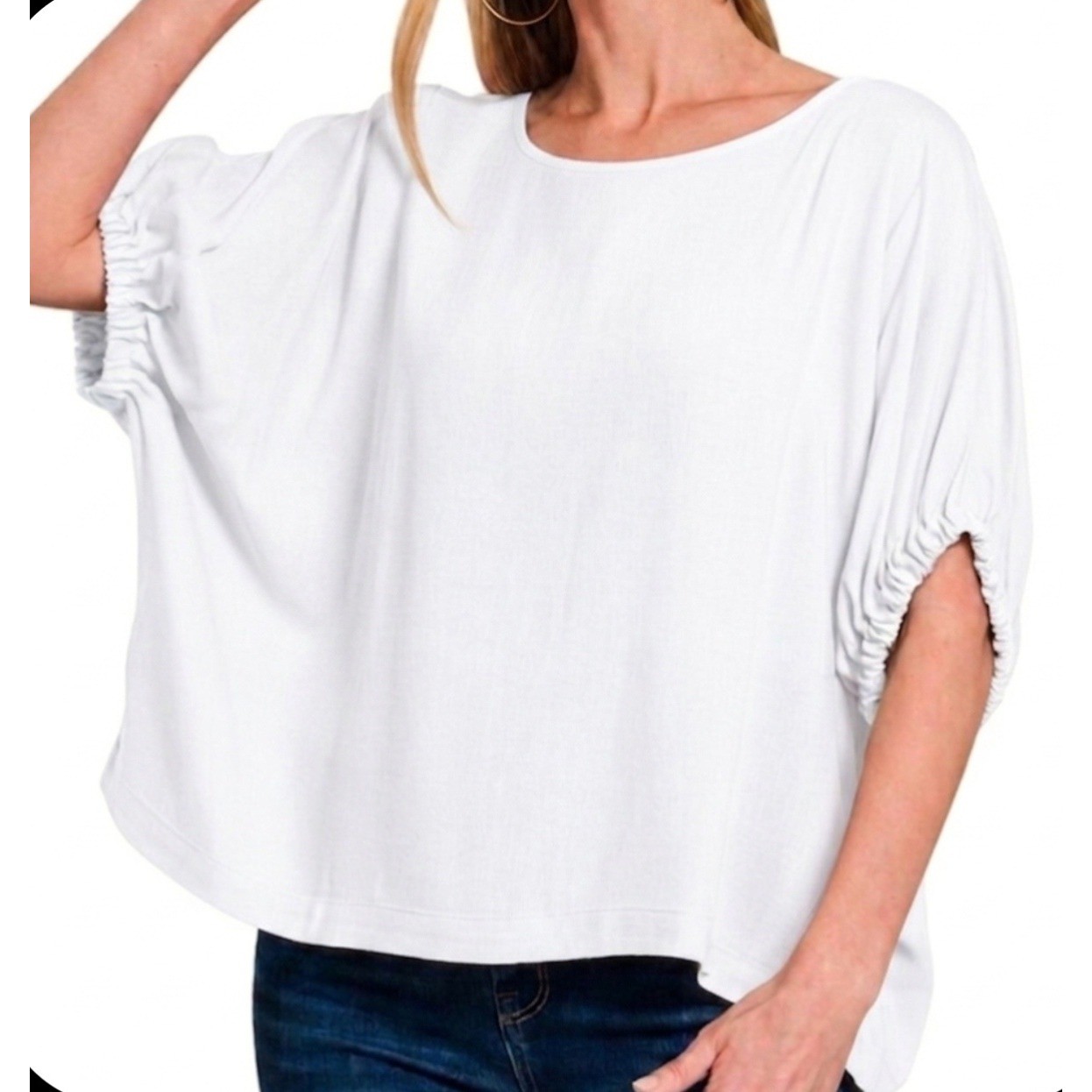 Zenana Woven Oversized Boxy Top Off White Ruched Dolman Sleeve Blouse XL