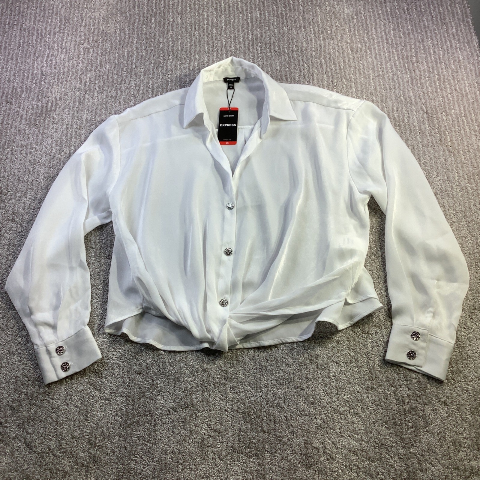 Express Womens White Satin Twist Front Button Up Shirt Blouse Size XS NWT