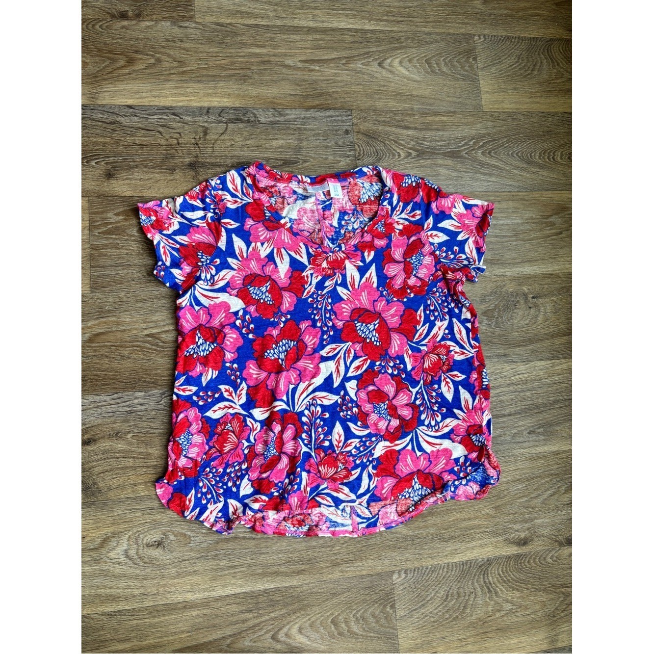 Signature Studio Women’s 100% Linen Floral V-Neck Flutter Sleeve Top Blue XL
