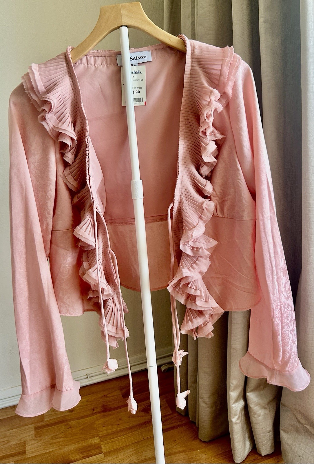 En Saison Pink Floral Chiffon Ruffle Pleated Tie-Front V-Neck Blouse M