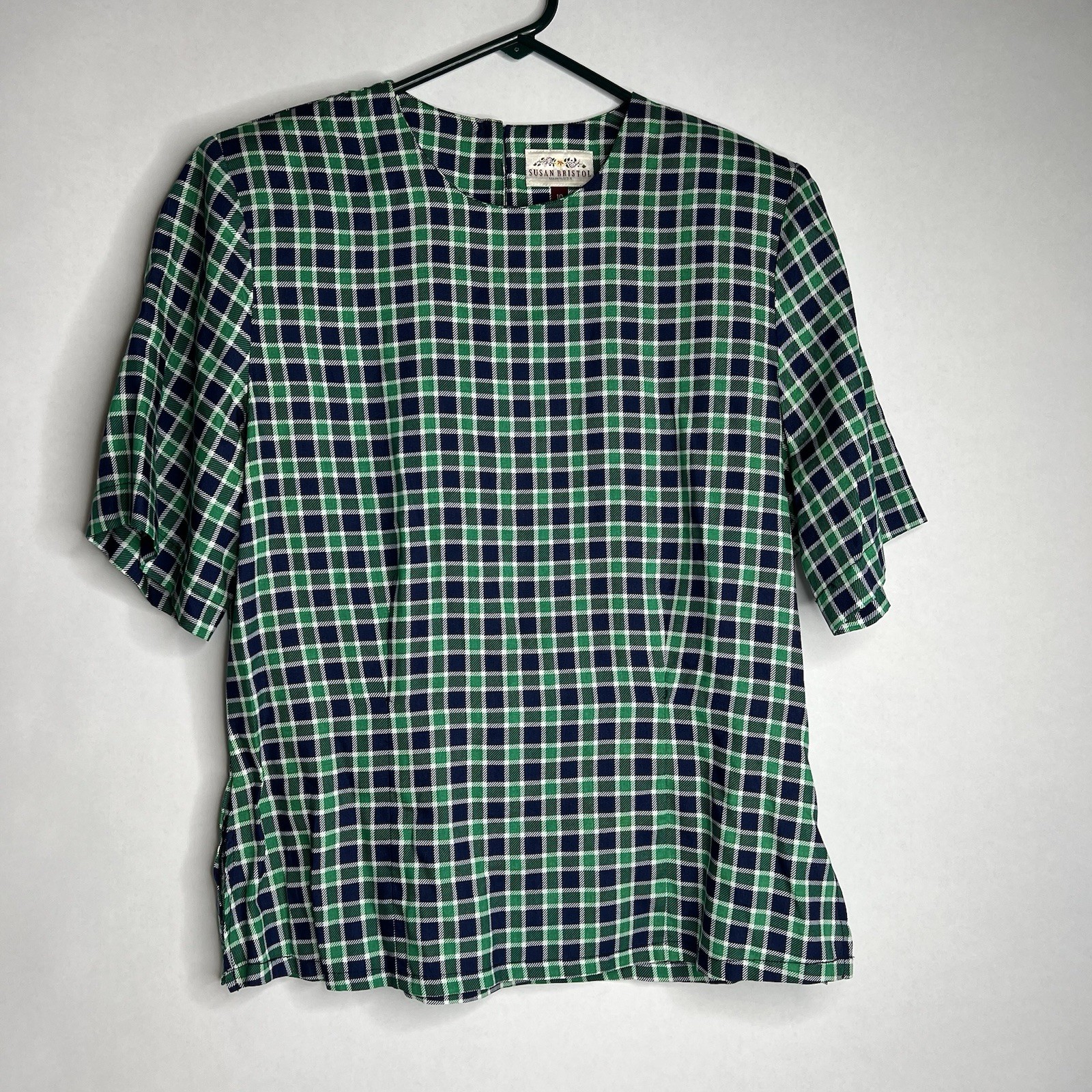 Susan Bristol Blouse Shirt Women Size 10 Colorful Preppy 80’s Vintage Plaid Navy