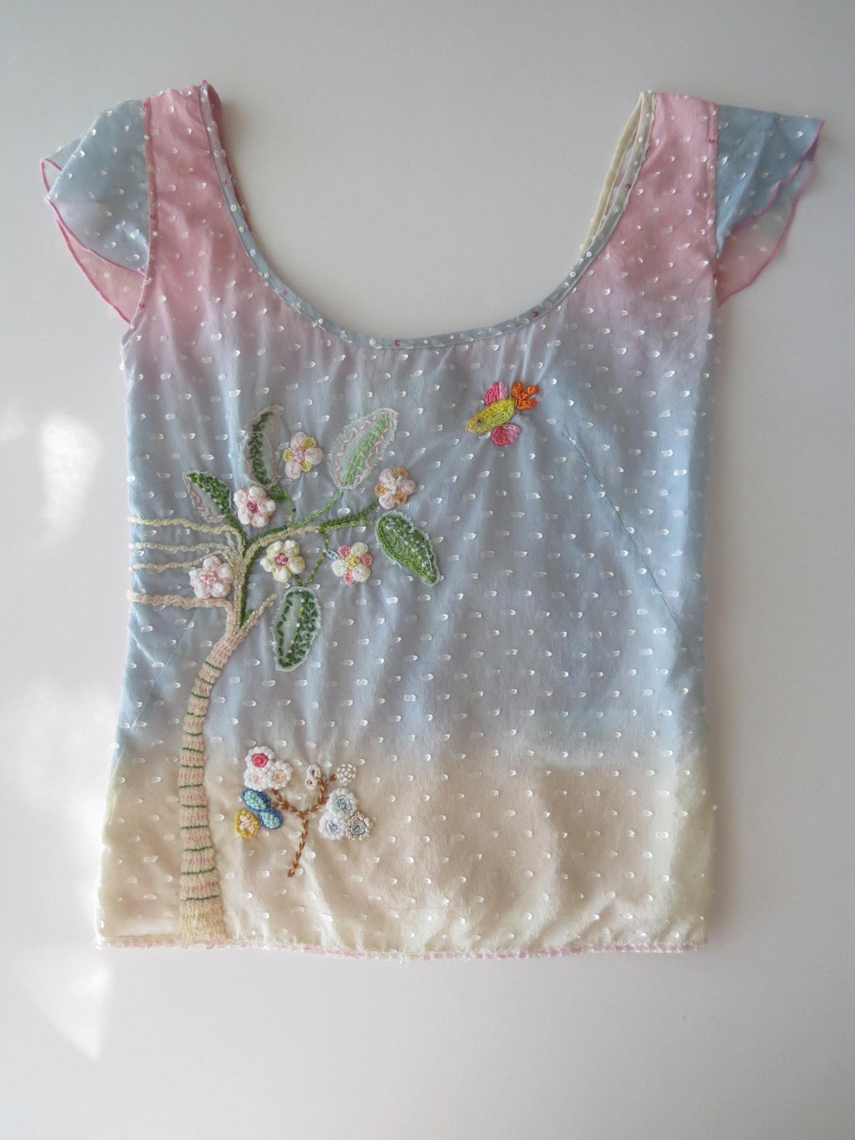 Vintage Italian Silk Blend Ombré Top, Crochet Beaded Blossom Embroidery, 2000s