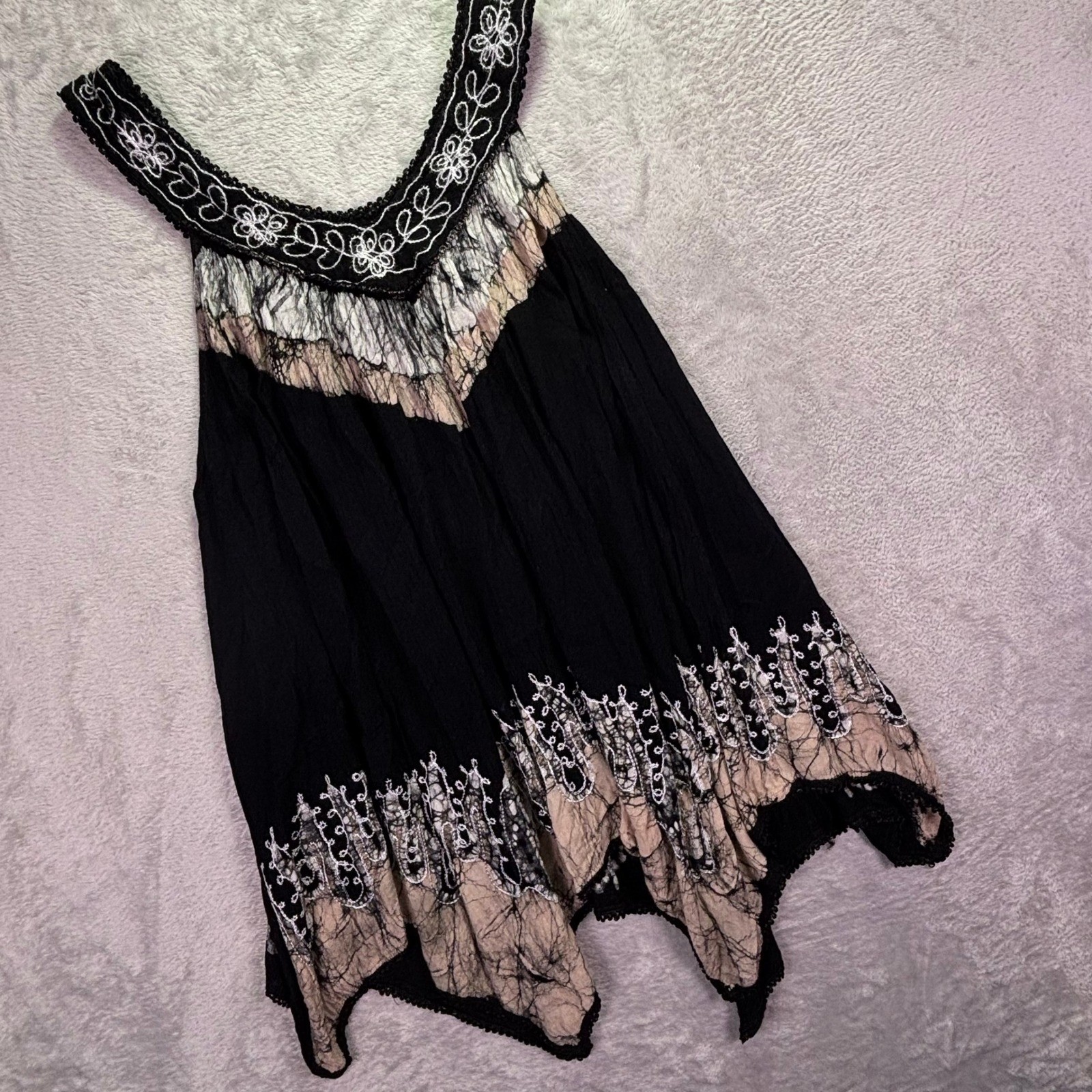 Advance Apparels Women Tunic Free Size Black Batik Embroidered Sharkbite Hem