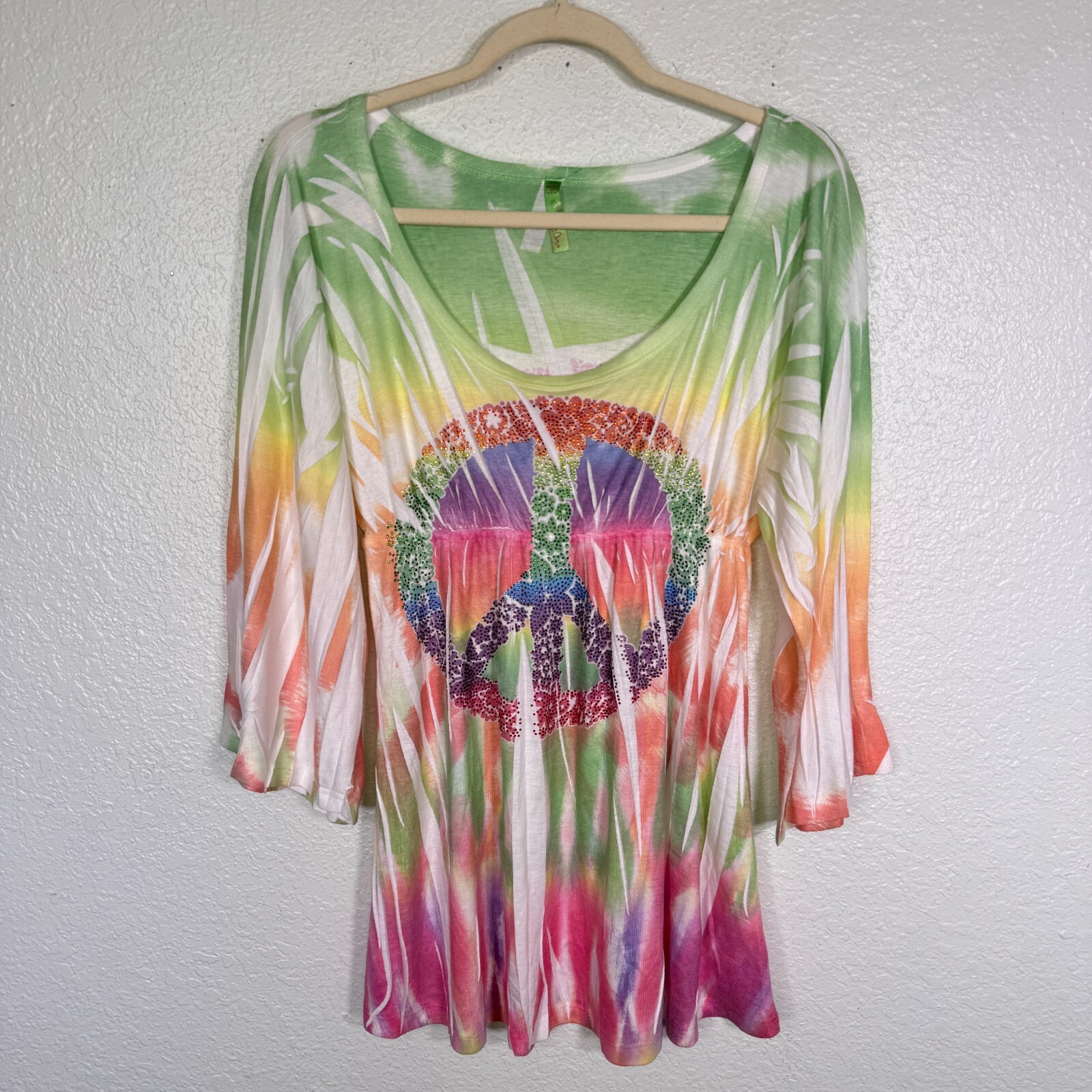 Y2K Tunic Top Women Medium Peace Sign Rhinestone Burnout Hippie Festival Vintage